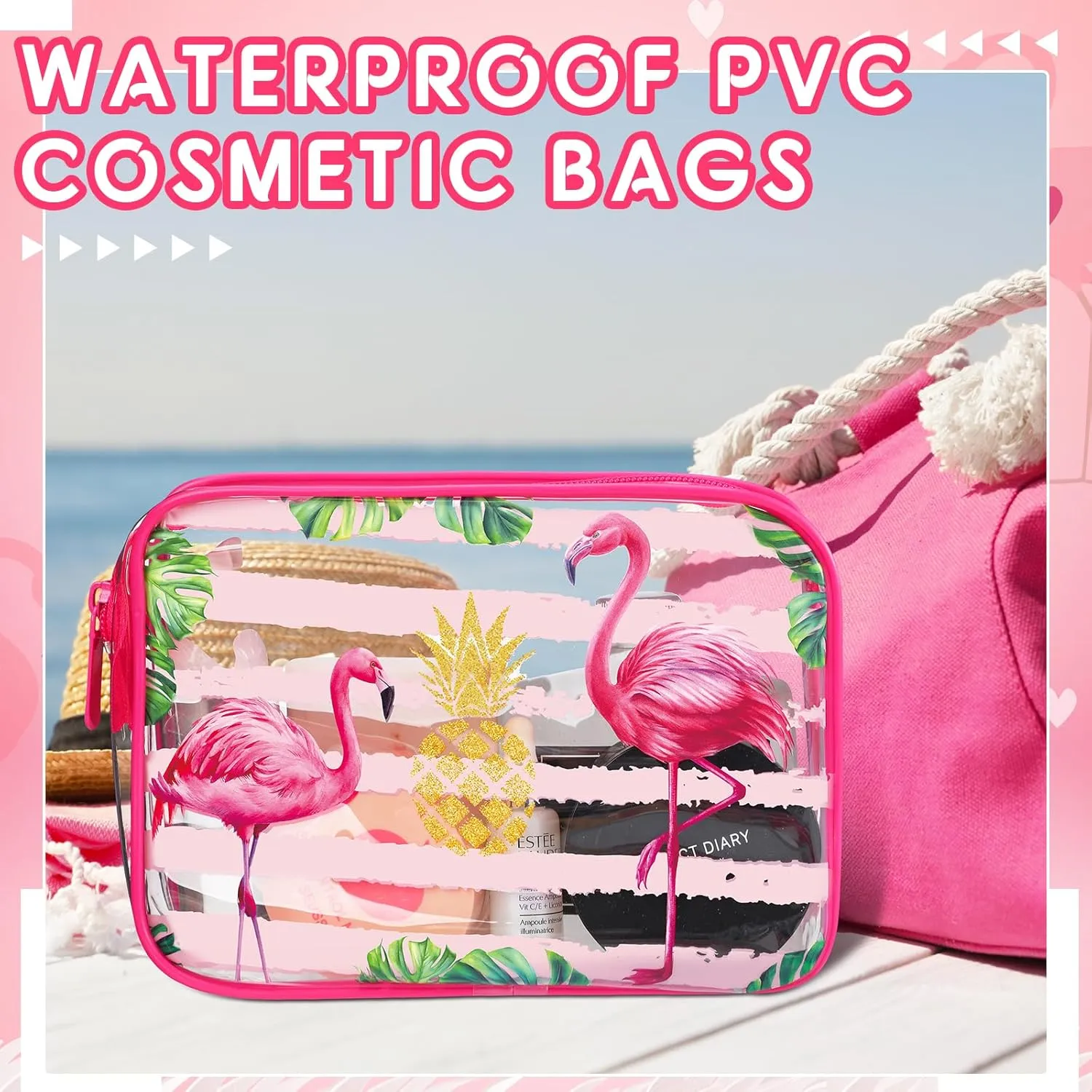 Cunno 6 Pcs Makeup Bags Gifts for Women Preppy Boho Smile Face Flamingo Clear Makeup Bags Cosmetic Transparent PVC Travel Toiletry Organizer(Flamingo Style)