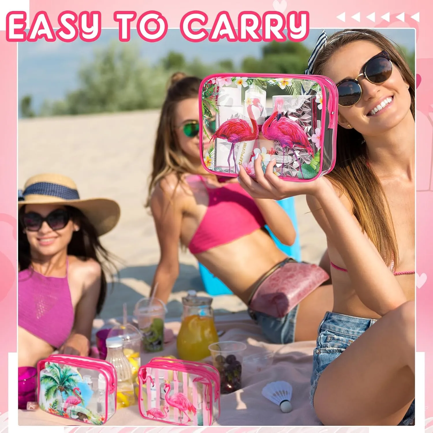 Cunno 6 Pcs Makeup Bags Gifts for Women Preppy Boho Smile Face Flamingo Clear Makeup Bags Cosmetic Transparent PVC Travel Toiletry Organizer(Flamingo Style)