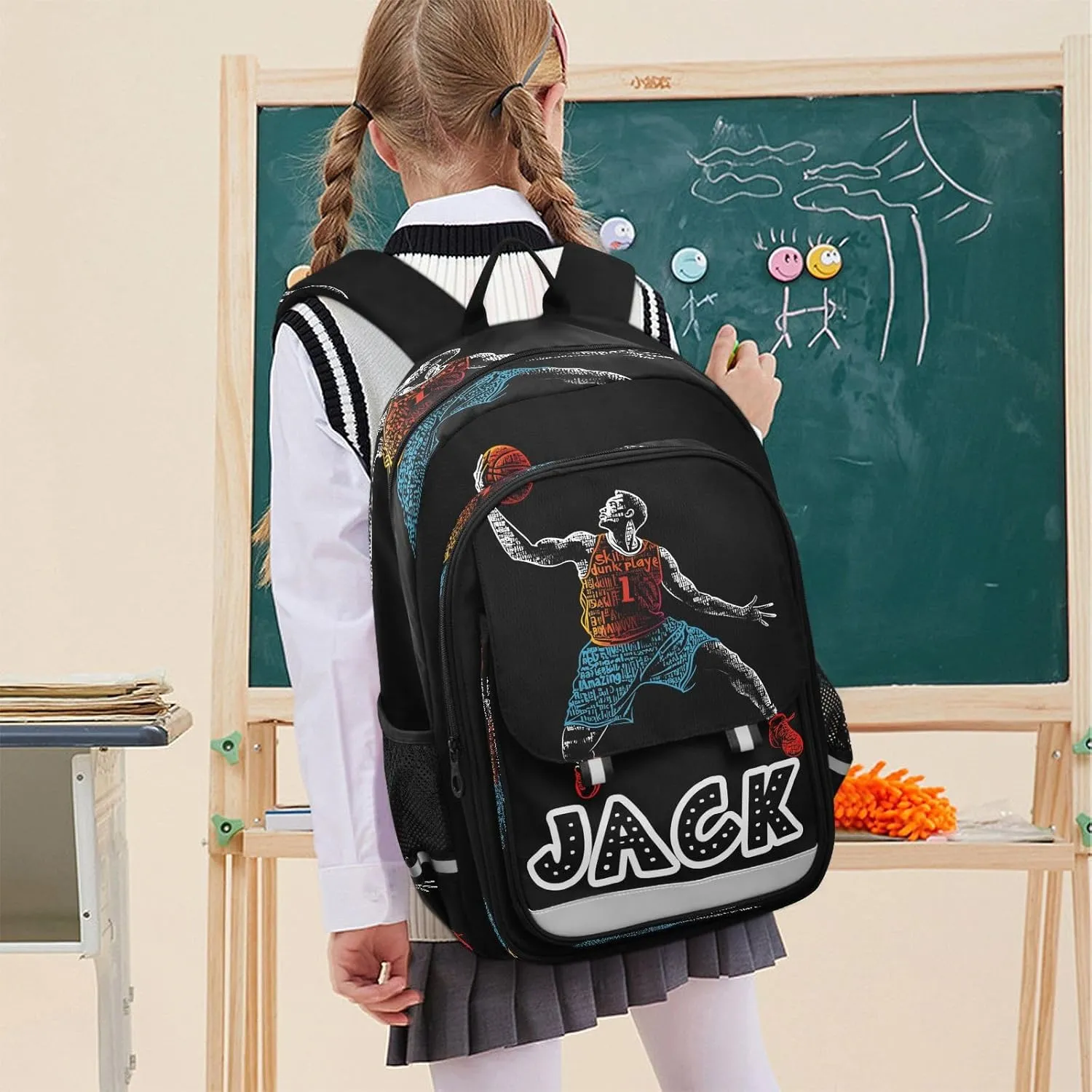 Custom Backpack for Girls Boys School Basketball Black Personalized Middle Bookbag Elementary Back Pack Primary Schoolbag for Kids Travel Teens Students