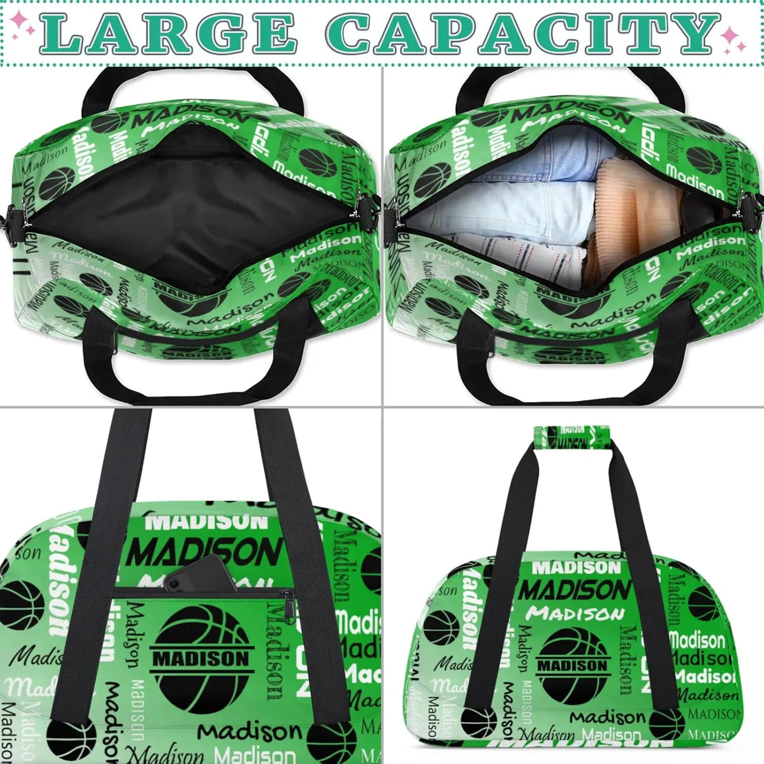 Custom Basketball Gym Duffel Bag for Women Men, Personalized Name Travel Sport Bags Customized Balls Weekender Bag, Grass Green Gradient