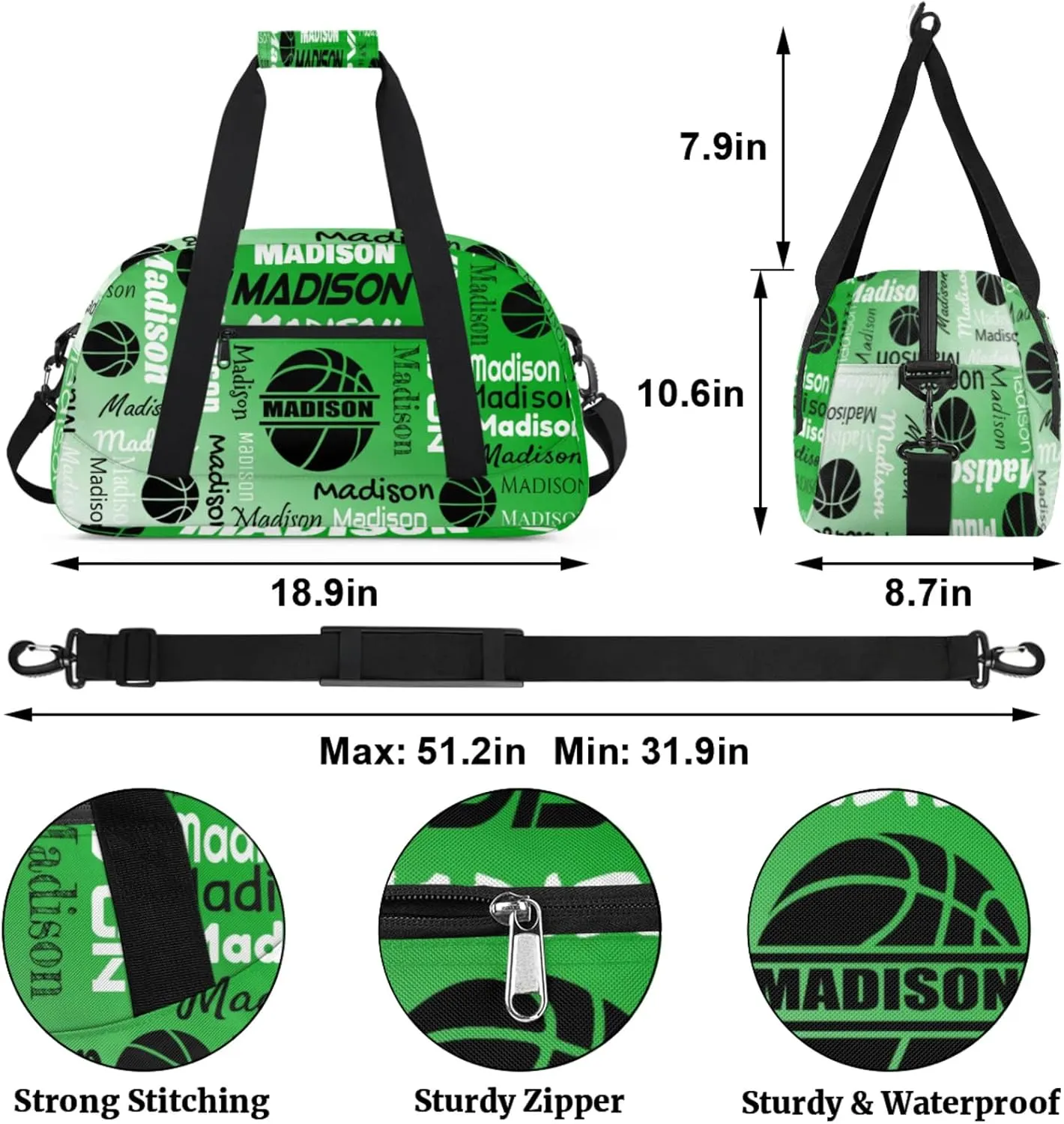 Custom Basketball Gym Duffel Bag for Women Men, Personalized Name Travel Sport Bags Customized Balls Weekender Bag, Grass Green Gradient