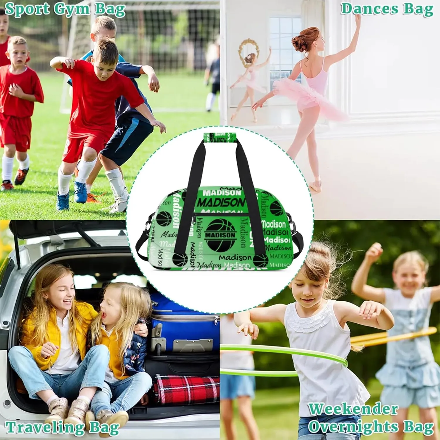 Custom Basketball Gym Duffel Bag for Women Men, Personalized Name Travel Sport Bags Customized Balls Weekender Bag, Grass Green Gradient