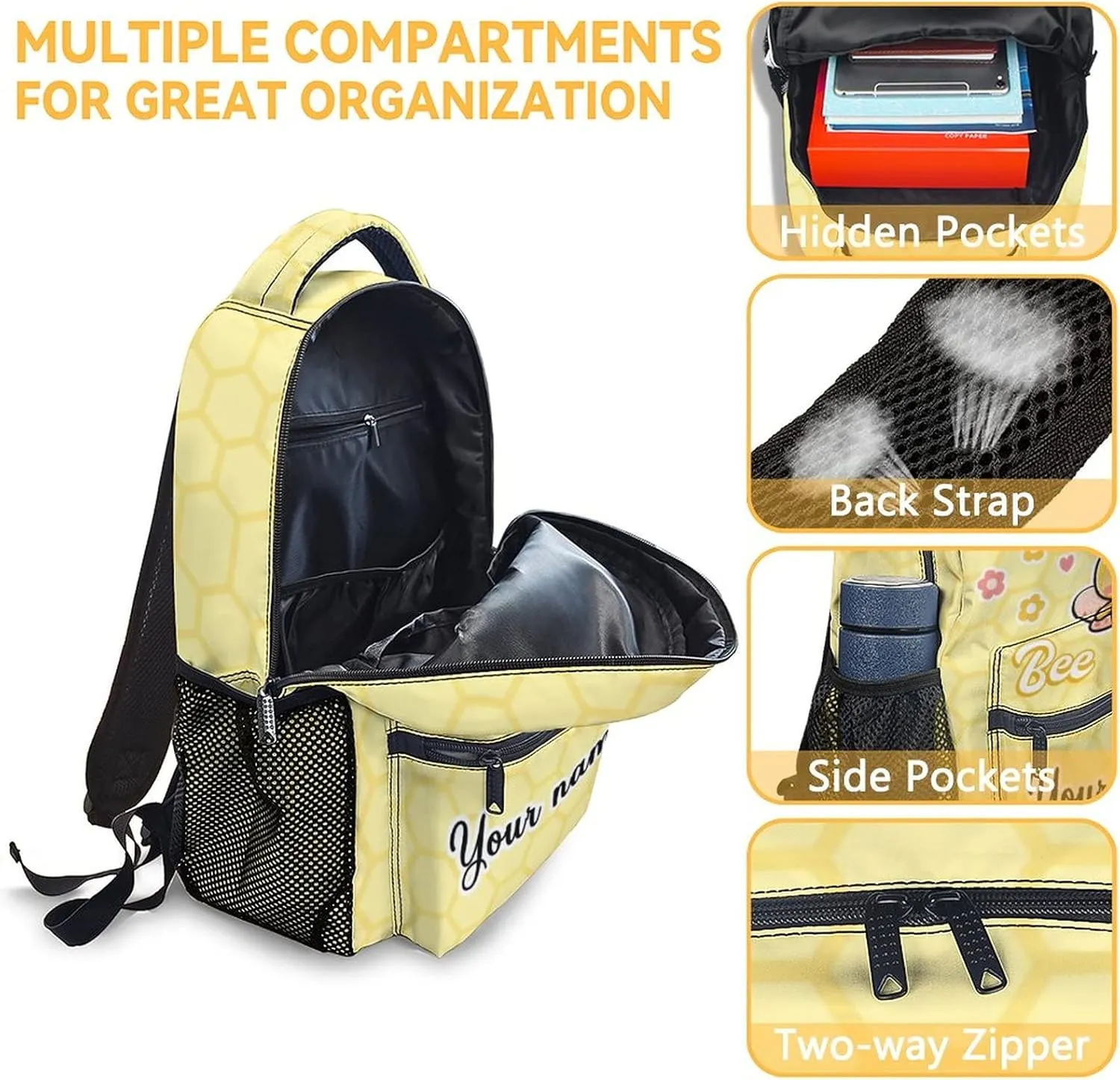 Custom Bee Backpack for Girls Boys, 16 Inch Cute Bookbag with Large Capacity, Durable Lightweight Travel Laptop School Bags