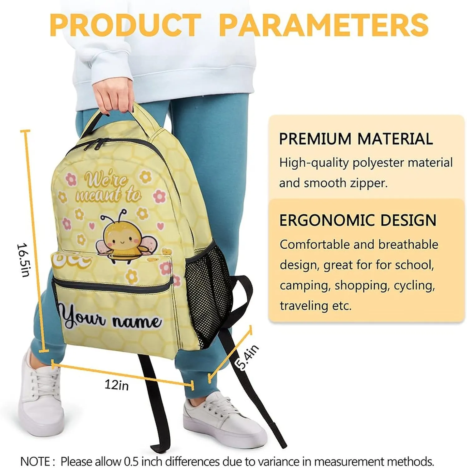 Custom Bee Backpack for Girls Boys, 16 Inch Cute Bookbag with Large Capacity, Durable Lightweight Travel Laptop School Bags