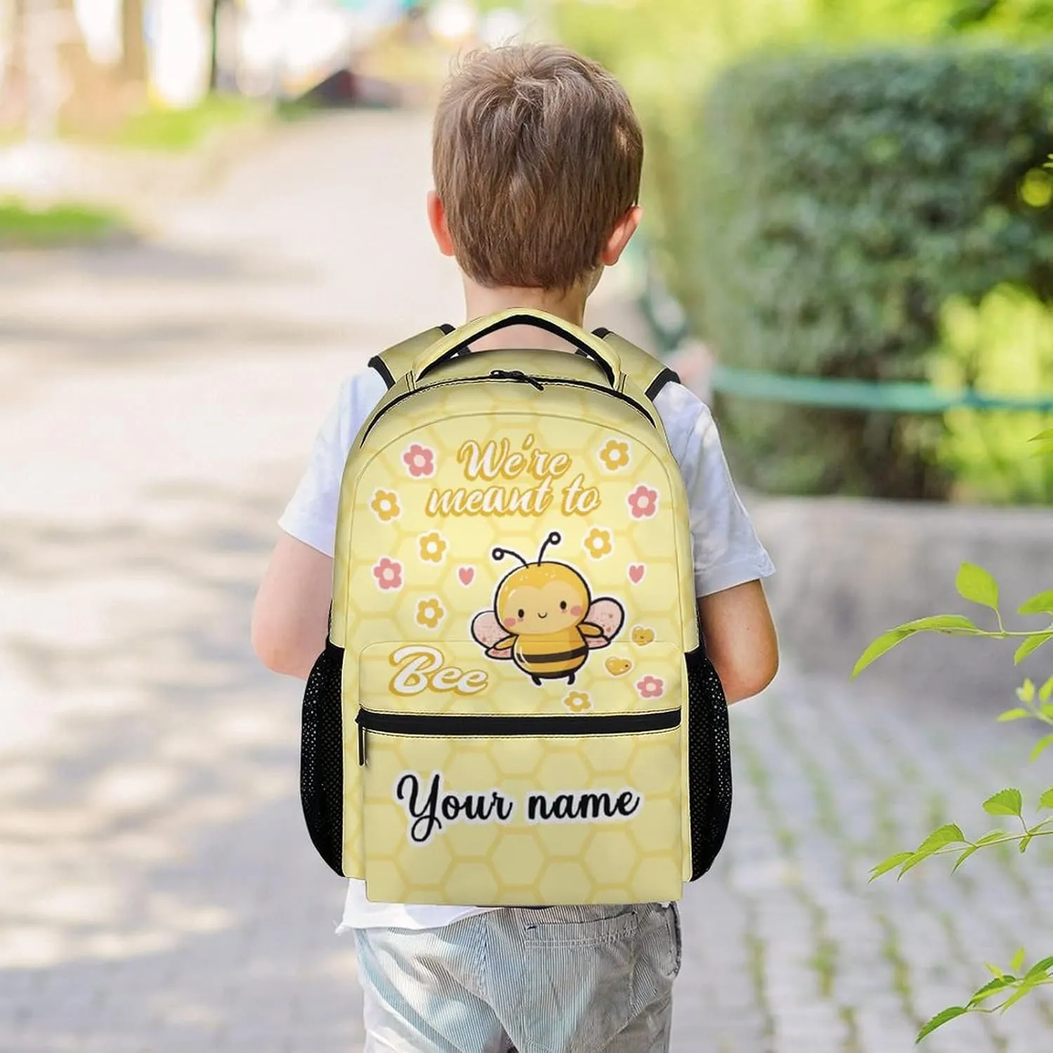Custom Bee Backpack for Girls Boys, 16 Inch Cute Bookbag with Large Capacity, Durable Lightweight Travel Laptop School Bags