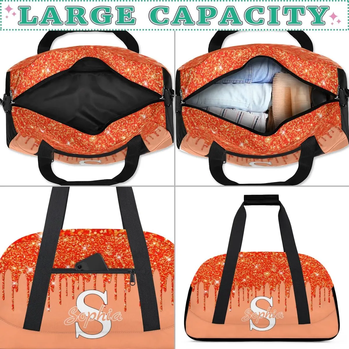 Custom Cheer Bag Dance Gym Bags for Women, Personalized Name Sport Duffel Bag Weekender Bags Travel Duffel Bags Orange Personalized Gifts