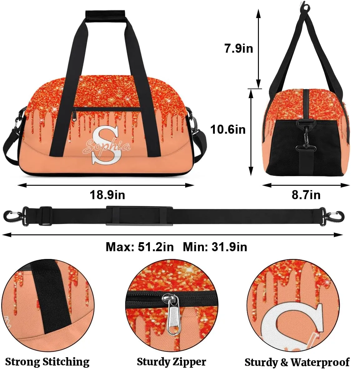 Custom Cheer Bag Dance Gym Bags for Women, Personalized Name Sport Duffel Bag Weekender Bags Travel Duffel Bags Orange Personalized Gifts
