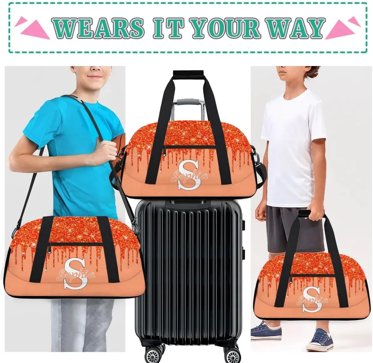 Custom Cheer Bag Dance Gym Bags for Women, Personalized Name Sport Duffel Bag Weekender Bags Travel Duffel Bags Orange Personalized Gifts