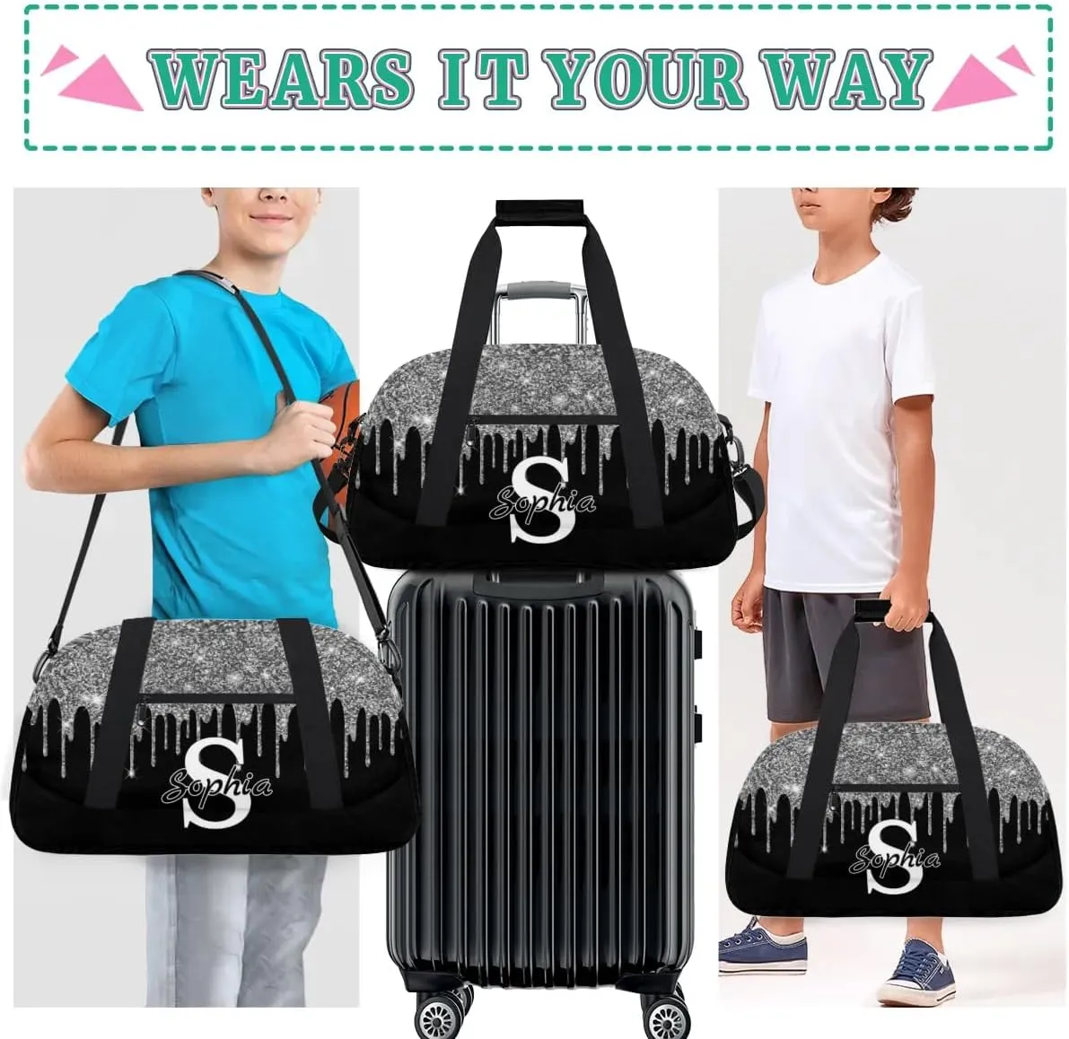 Custom Cheer Bag Dance Gym Bags for Women, Personalized Name Sport Duffel Bag Weekender Bags Travel Duffel Bags Silver Personalized Gifts