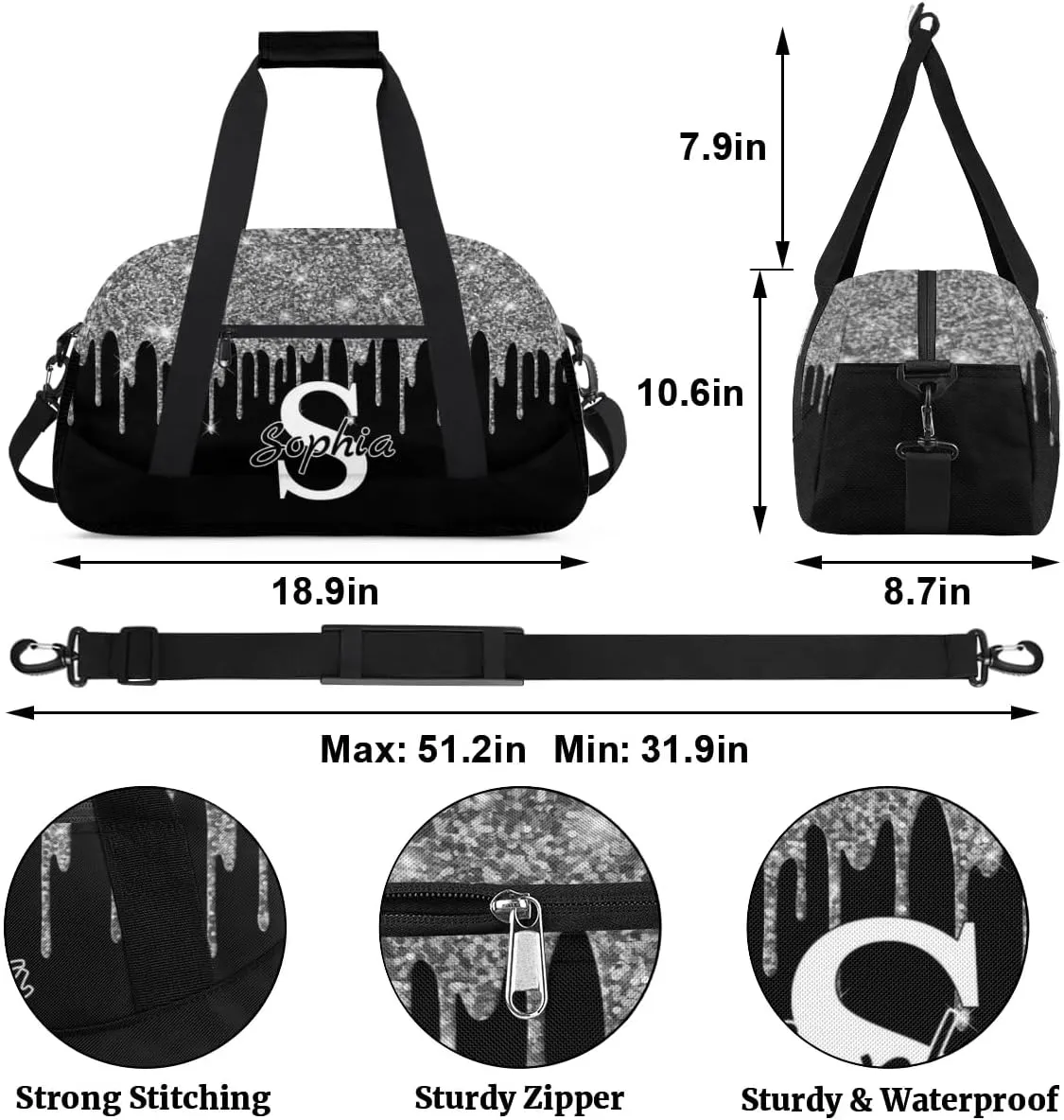Custom Cheer Bag Dance Gym Bags for Women, Personalized Name Sport Duffel Bag Weekender Bags Travel Duffel Bags Silver Personalized Gifts