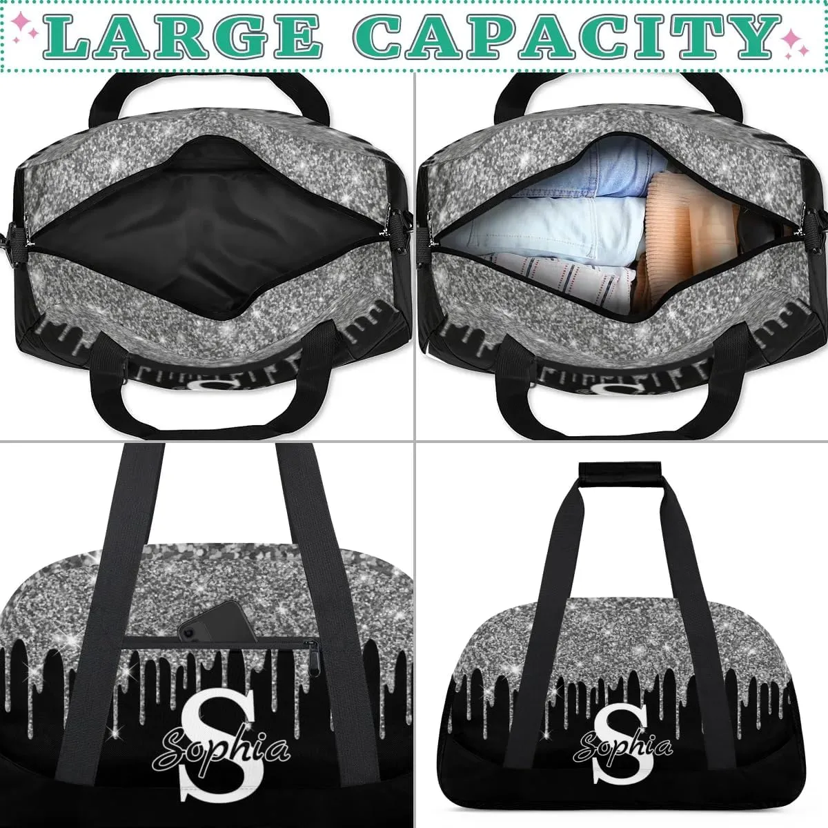 Custom Cheer Bag Dance Gym Bags for Women, Personalized Name Sport Duffel Bag Weekender Bags Travel Duffel Bags Silver Personalized Gifts