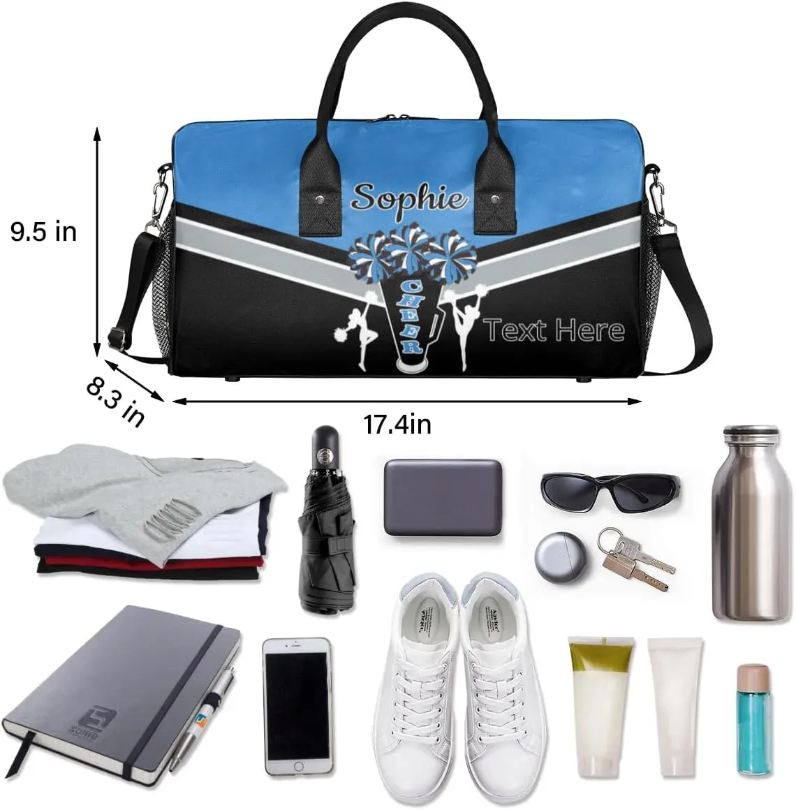 Custom Cheer Bags Sport Bag with Name for Cheerleaders, Personalized Gym Duffel Bags Personalized Cheerleading Gifts for Women Custom Travel Weekender Bag, Blue
