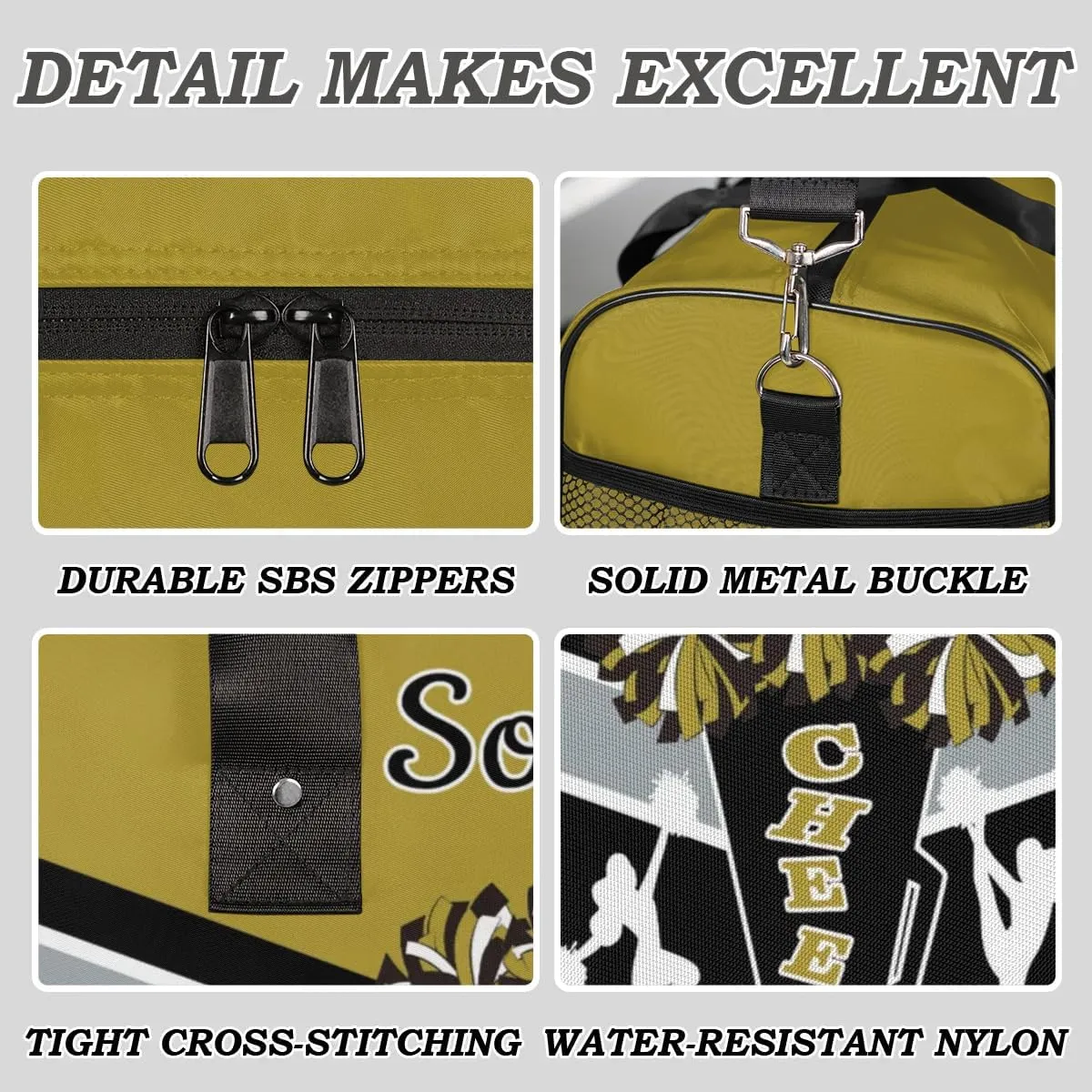 Custom Cheer Bags Sport Bag with Name for Cheerleaders, Personalized Gym Duffel Bags Personalized Cheerleading Gifts for Women Custom Travel Weekender Bag, Brown