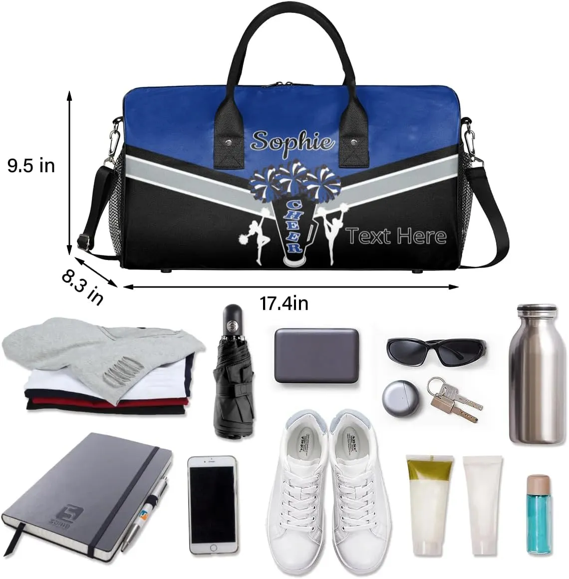 Custom Cheer Bags Sport Bag with Name for Cheerleaders, Personalized Gym Duffel Bags Personalized Cheerleading Gifts for Women Custom Travel Weekender Bag, Cobalt Blue