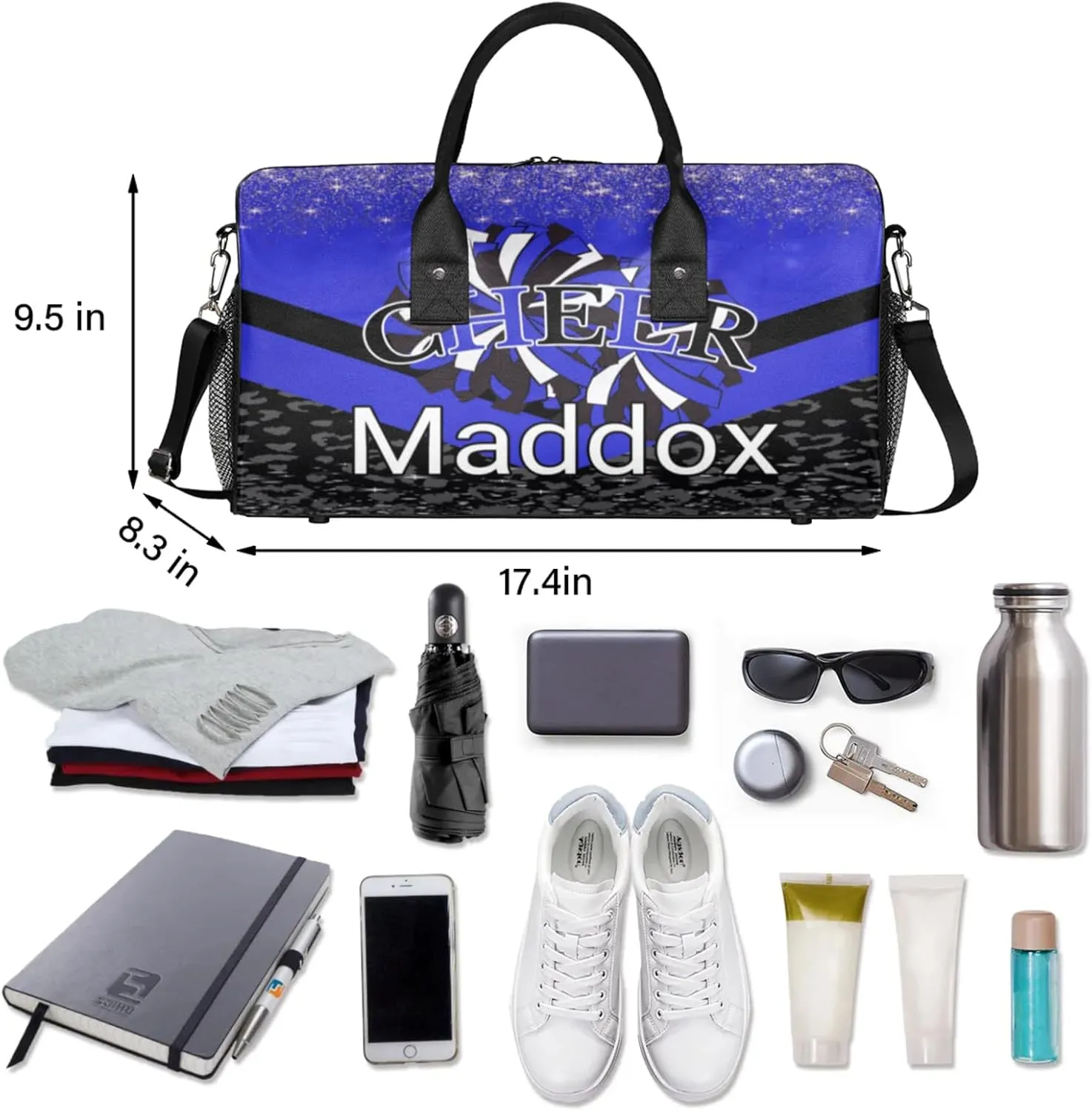 Custom Cheer Bags with Name for Cheerleader, Personalized Sport Duffel Bag Gym Bag for Women, Custom Travel Tote Bags, Dark Blue Black Overnight Weekender Bags