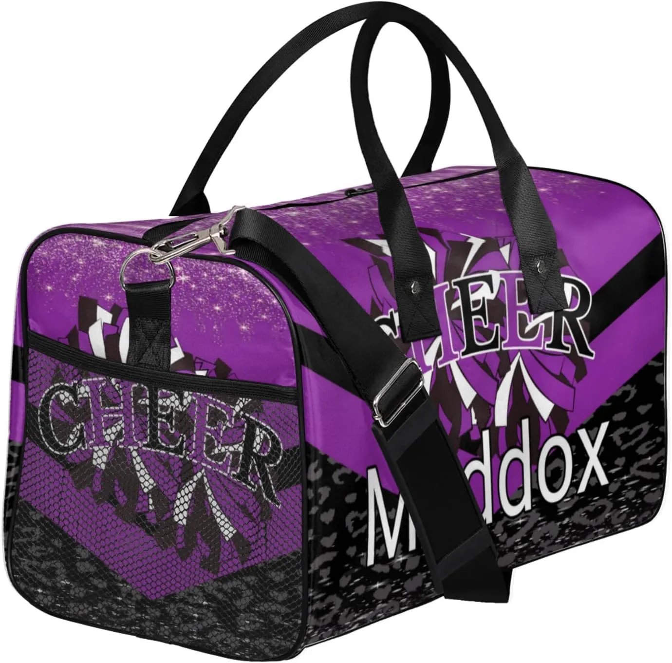 Custom Cheer Bags with Name for Cheerleader, Personalized Sport Duffel Bag Gym Bag for Women, Custom Travel Tote Bags, Deep Purple Black Overnight Weekender Bags