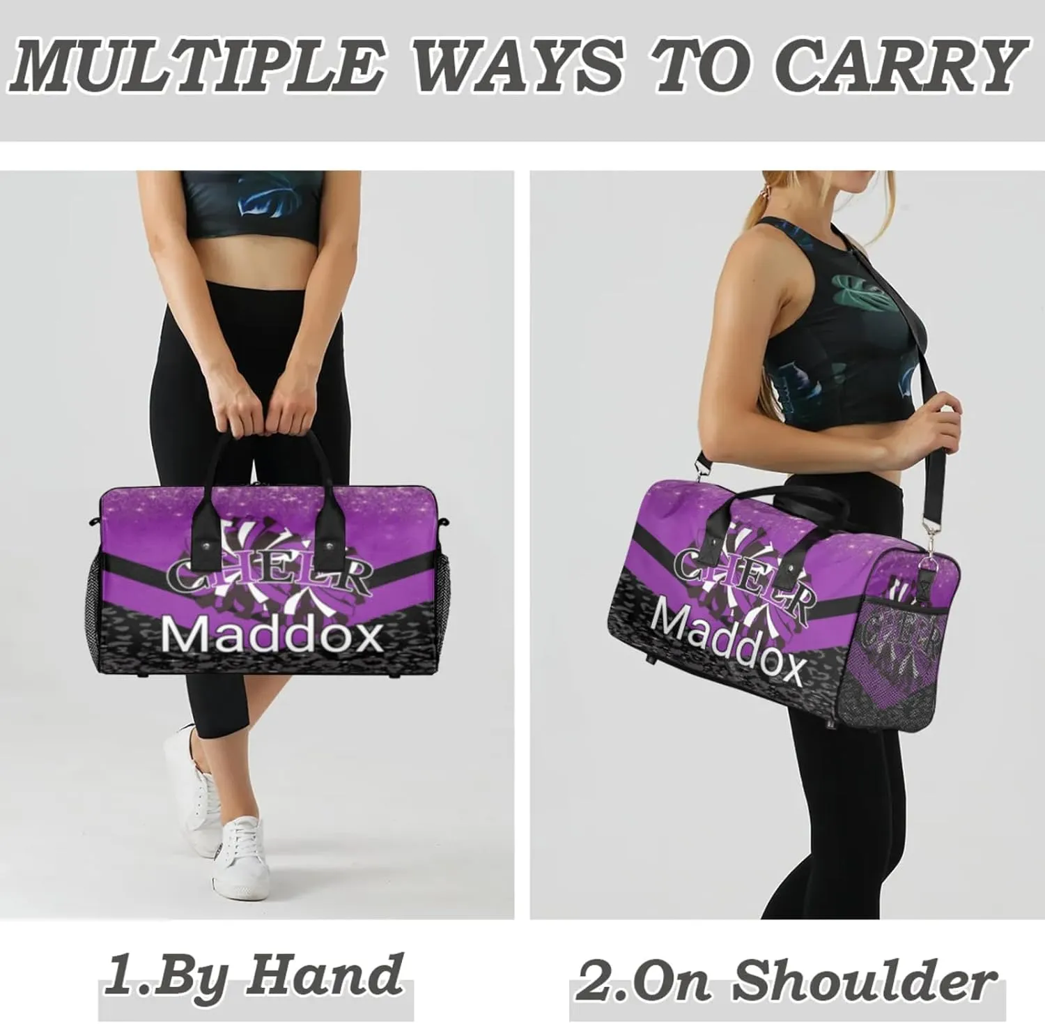 Custom Cheer Bags with Name for Cheerleader, Personalized Sport Duffel Bag Gym Bag for Women, Custom Travel Tote Bags, Deep Purple Black Overnight Weekender Bags
