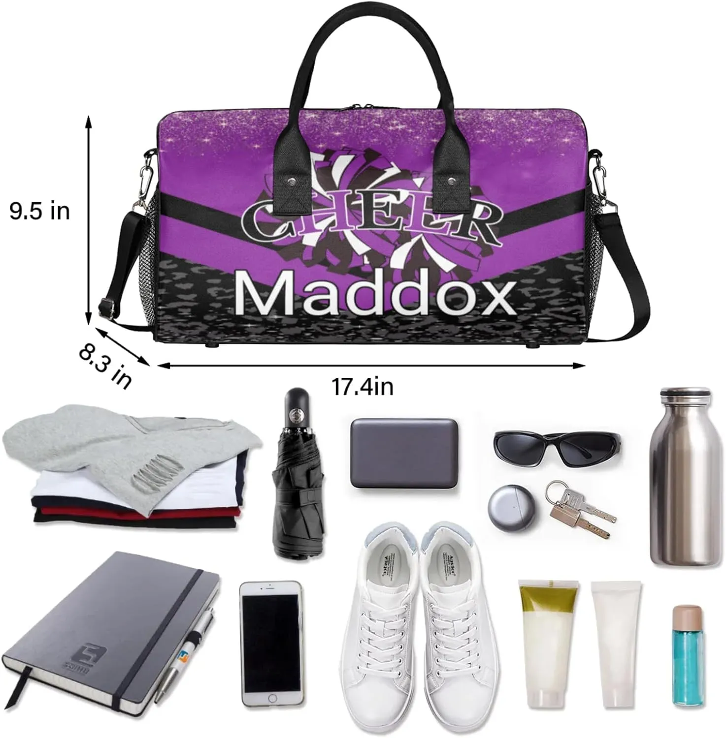 Custom Cheer Bags with Name for Cheerleader, Personalized Sport Duffel Bag Gym Bag for Women, Custom Travel Tote Bags, Deep Purple Black Overnight Weekender Bags