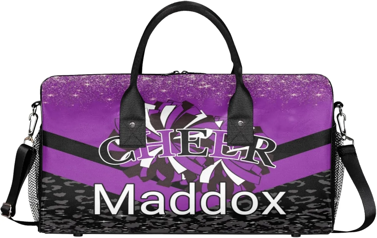 Custom Cheer Bags with Name for Cheerleader, Personalized Sport Duffel Bag Gym Bag for Women, Custom Travel Tote Bags, Deep Purple Black Overnight Weekender Bags