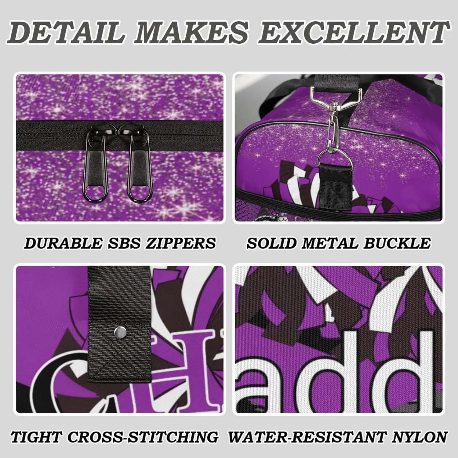 Custom Cheer Bags with Name for Cheerleader, Personalized Sport Duffel Bag Gym Bag for Women, Custom Travel Tote Bags, Deep Purple Black Overnight Weekender Bags