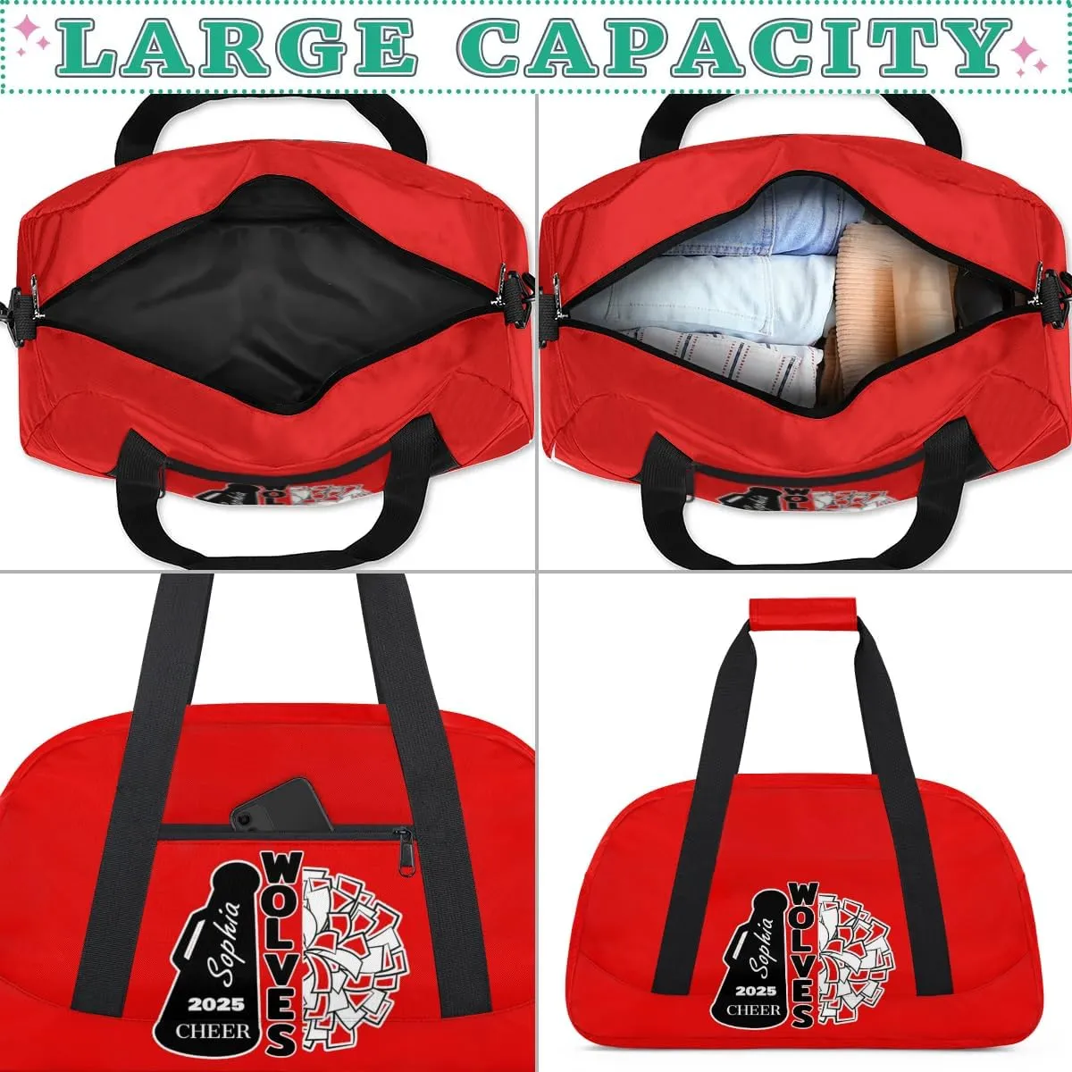 Custom Cheer Dancing Bags, Personalized Sports Duffle Bag Gym Cheerleading Bag Travel Duffel Perform Training Bag with Name, Overnight Weekender Bags, Coral Red A Customized Gifts