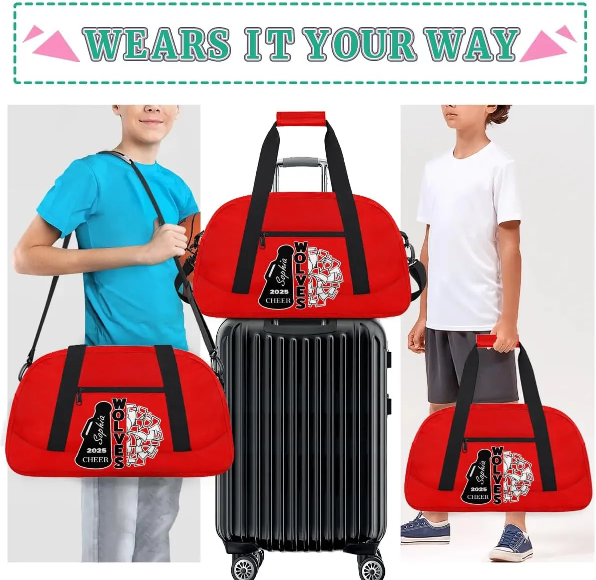 Custom Cheer Dancing Bags, Personalized Sports Duffle Bag Gym Cheerleading Bag Travel Duffel Perform Training Bag with Name, Overnight Weekender Bags, Coral Red A Customized Gifts
