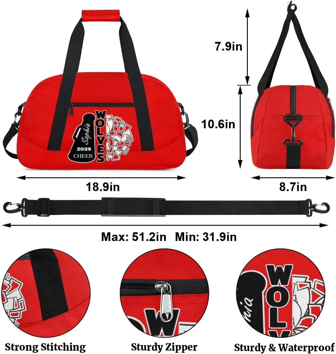 Custom Cheer Dancing Bags, Personalized Sports Duffle Bag Gym Cheerleading Bag Travel Duffel Perform Training Bag with Name, Overnight Weekender Bags, Coral Red A Customized Gifts