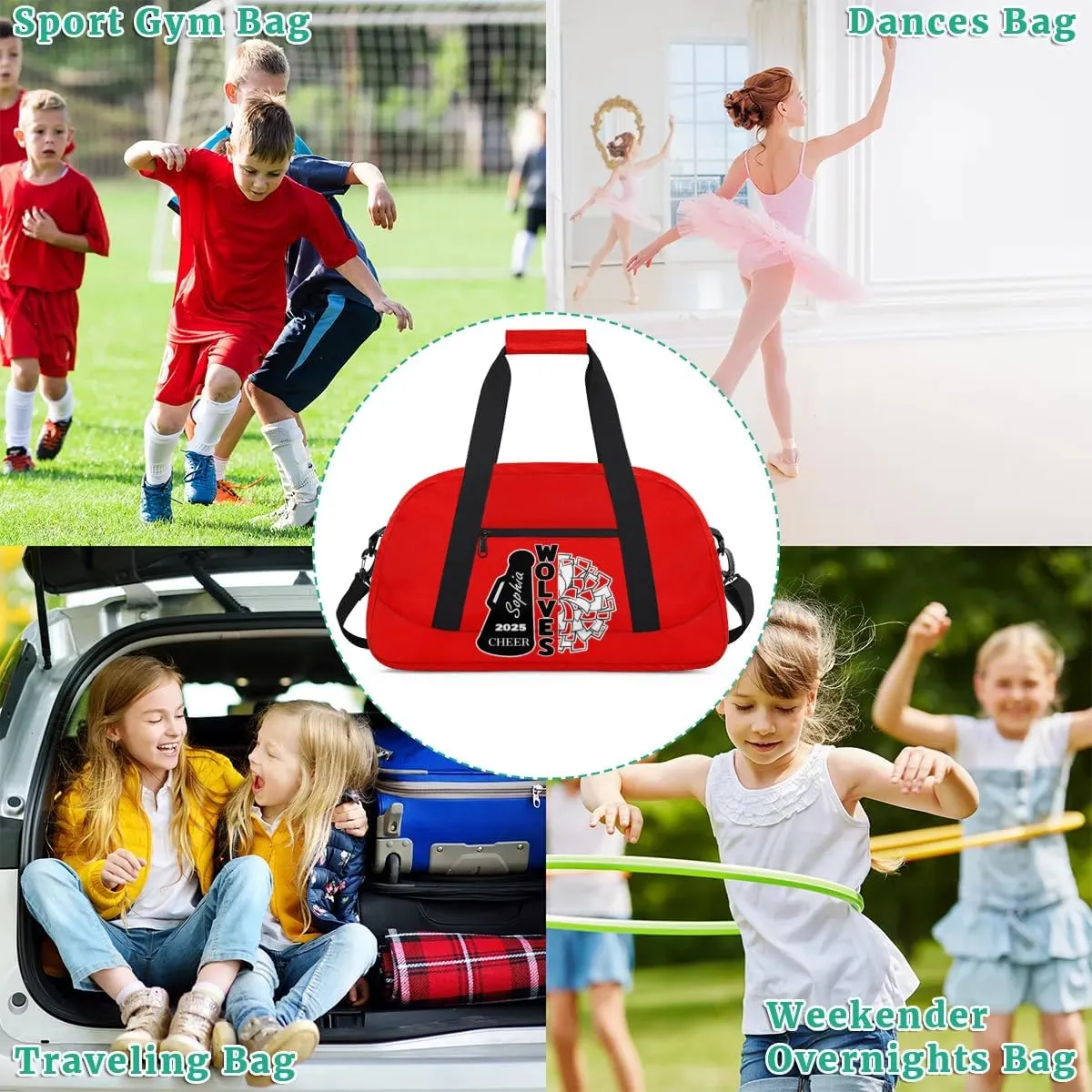 Custom Cheer Dancing Bags, Personalized Sports Duffle Bag Gym Cheerleading Bag Travel Duffel Perform Training Bag with Name, Overnight Weekender Bags, Coral Red A Customized Gifts