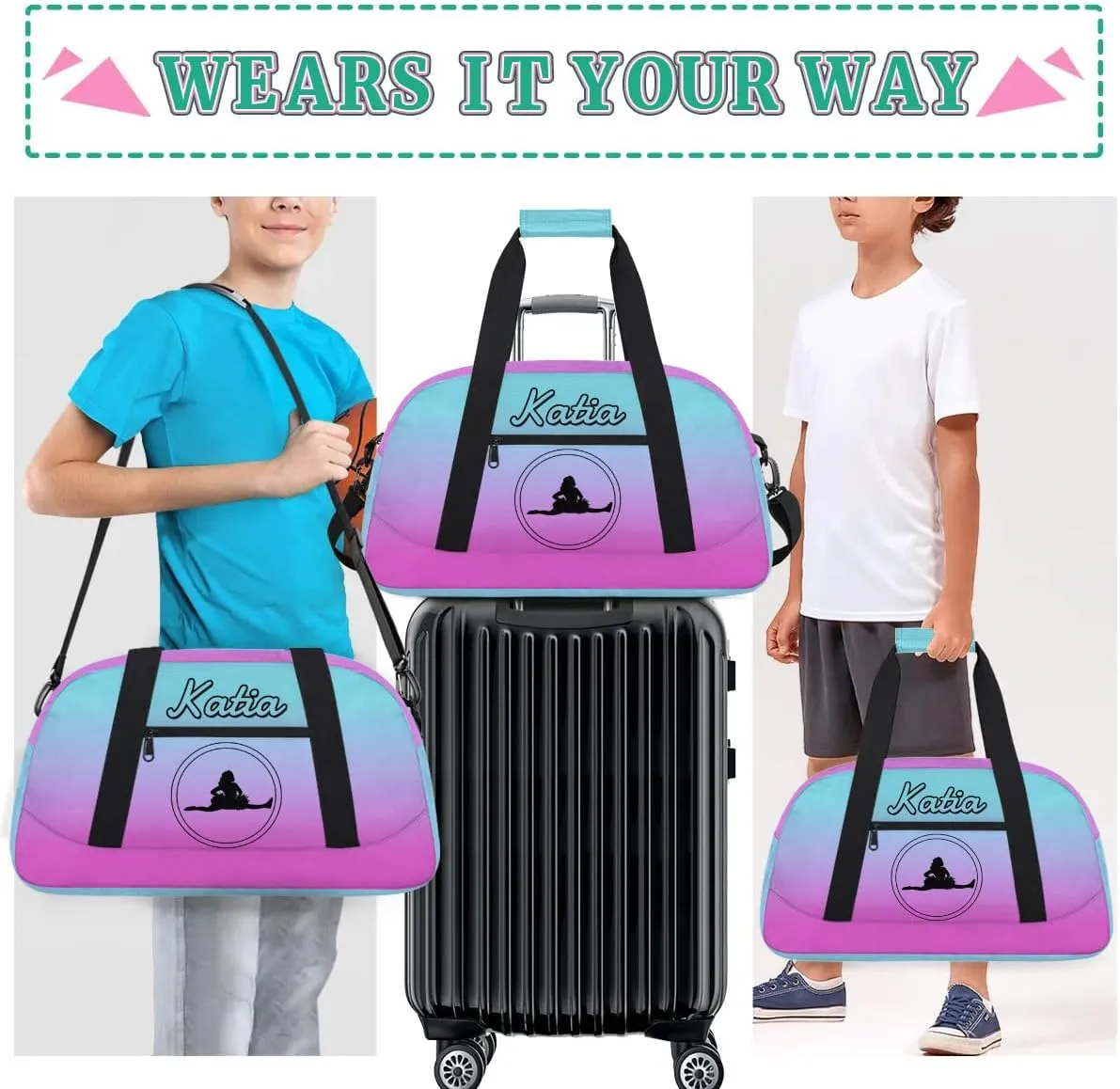 Custom Cheer Duffel Bag with Name Personalized Cheerleader Bag Sport Duffel Bag Customized Cheer Gifts Weekender Travel Bag, Blue Pink