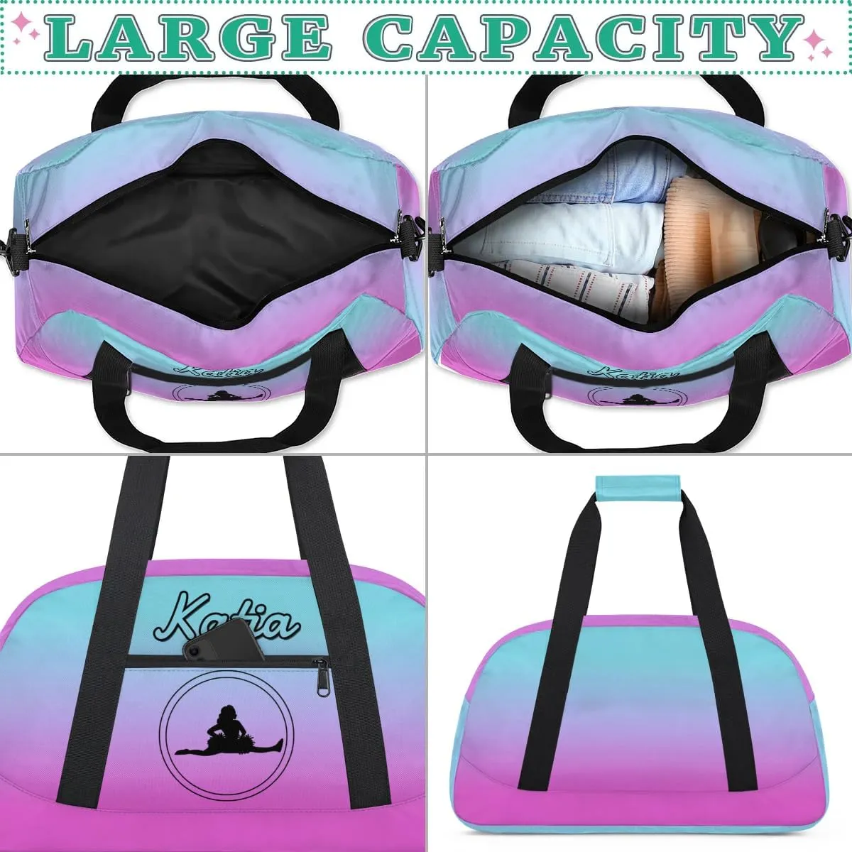 Custom Cheer Duffel Bag with Name Personalized Cheerleader Bag Sport Duffel Bag Customized Cheer Gifts Weekender Travel Bag, Blue Pink