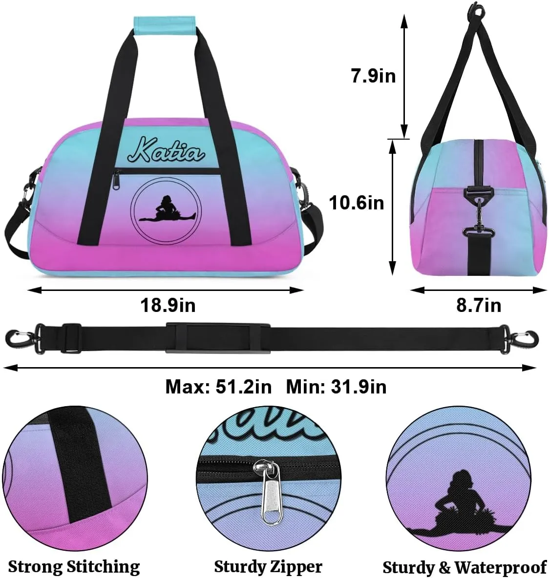Custom Cheer Duffel Bag with Name Personalized Cheerleader Bag Sport Duffel Bag Customized Cheer Gifts Weekender Travel Bag, Blue Pink