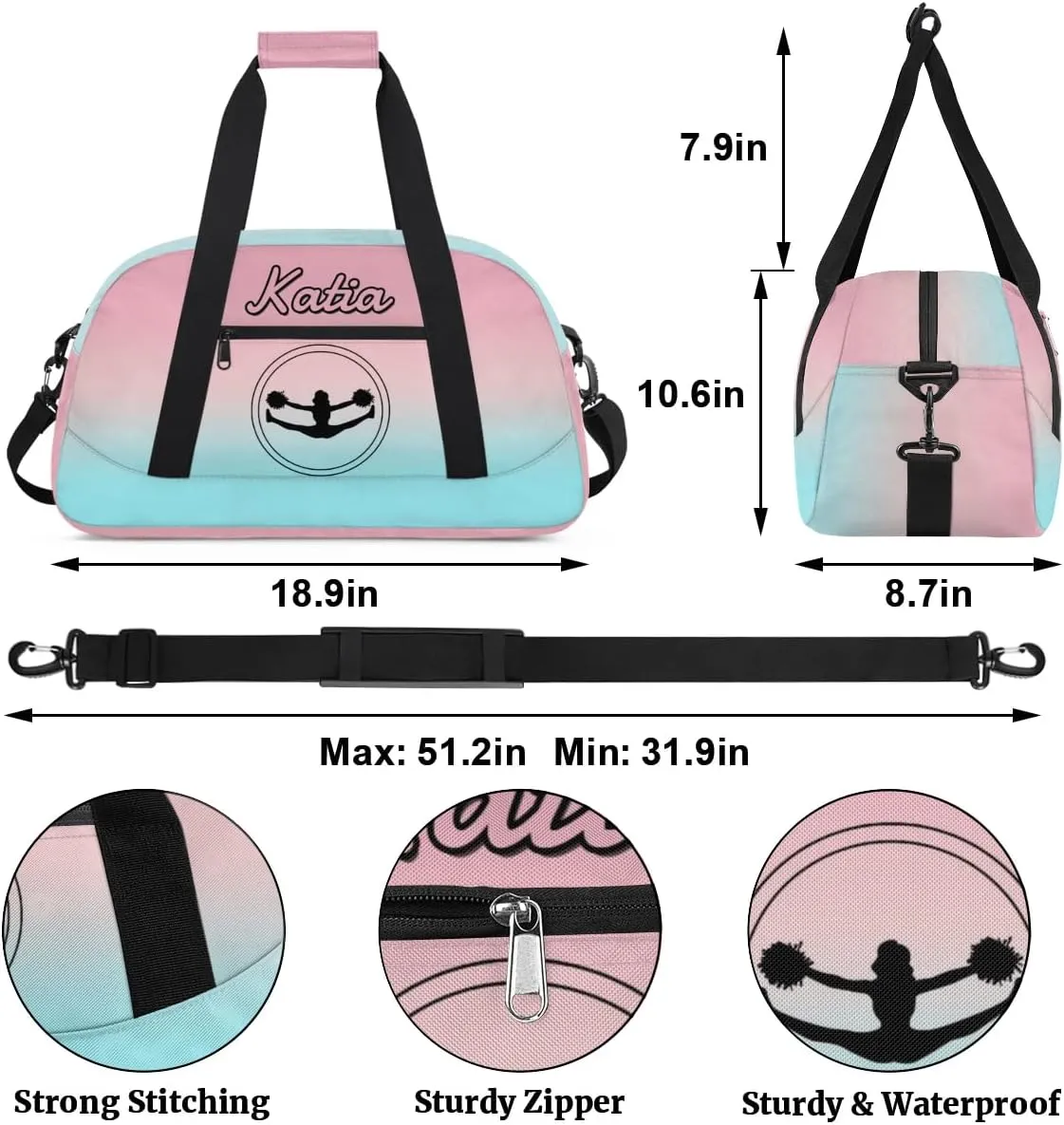 Custom Cheer Duffel Bag with Name Personalized Cheerleader Bag Sport Duffel Bag Customized Cheer Gifts Weekender Travel Bag, Light Pink