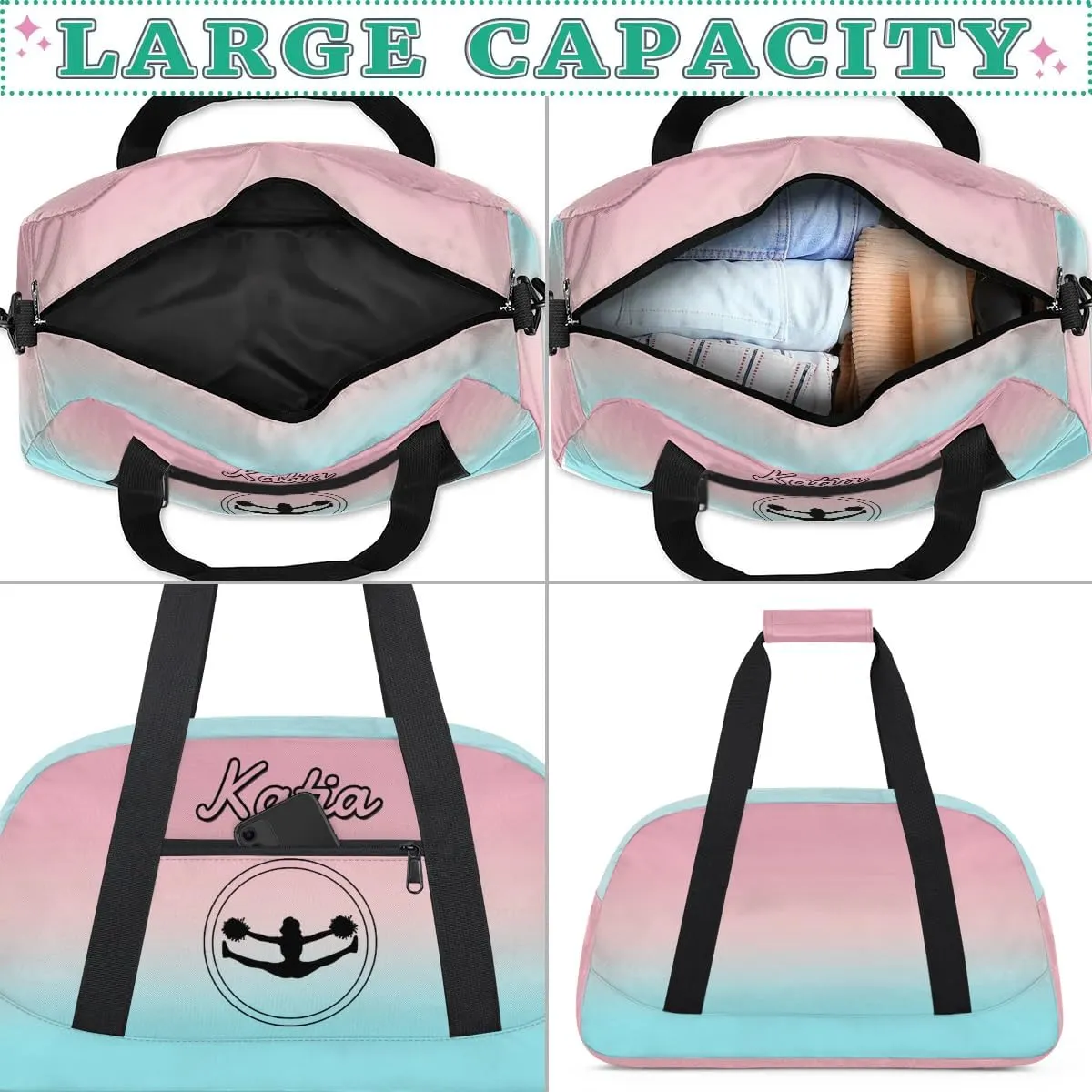 Custom Cheer Duffel Bag with Name Personalized Cheerleader Bag Sport Duffel Bag Customized Cheer Gifts Weekender Travel Bag, Light Pink