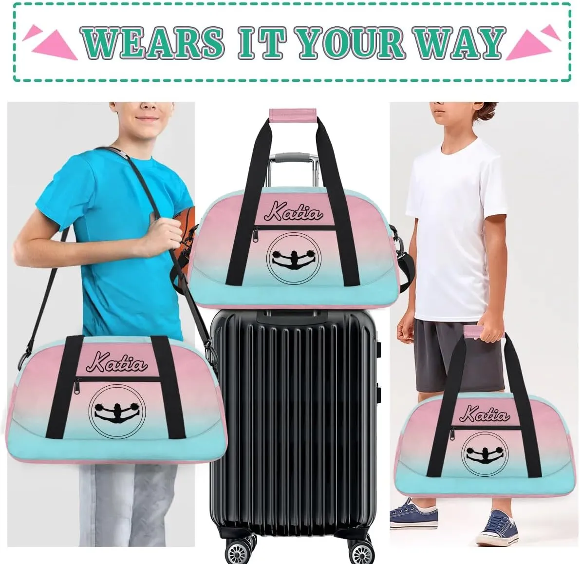 Custom Cheer Duffel Bag with Name Personalized Cheerleader Bag Sport Duffel Bag Customized Cheer Gifts Weekender Travel Bag, Light Pink