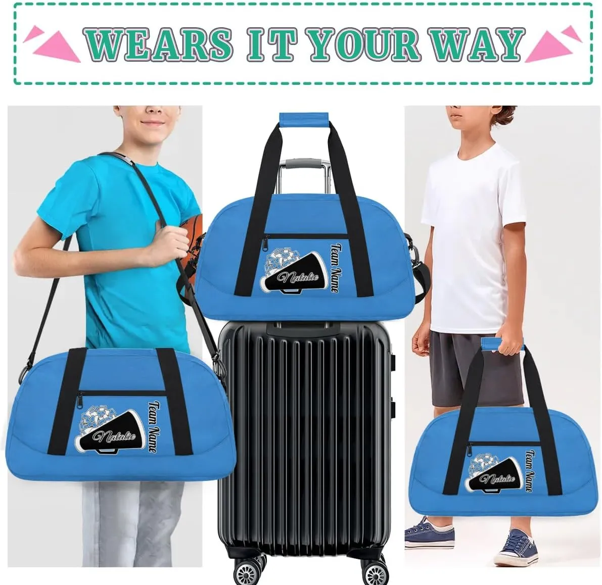 Custom Cheer Duffel Bags, Personalized Cheerleader Sport Bag with Name, Customized Gymnastics Dance Travel Bag Overnight Weekender Bags, Blue