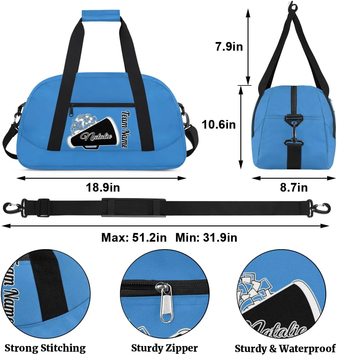 Custom Cheer Duffel Bags, Personalized Cheerleader Sport Bag with Name, Customized Gymnastics Dance Travel Bag Overnight Weekender Bags, Blue