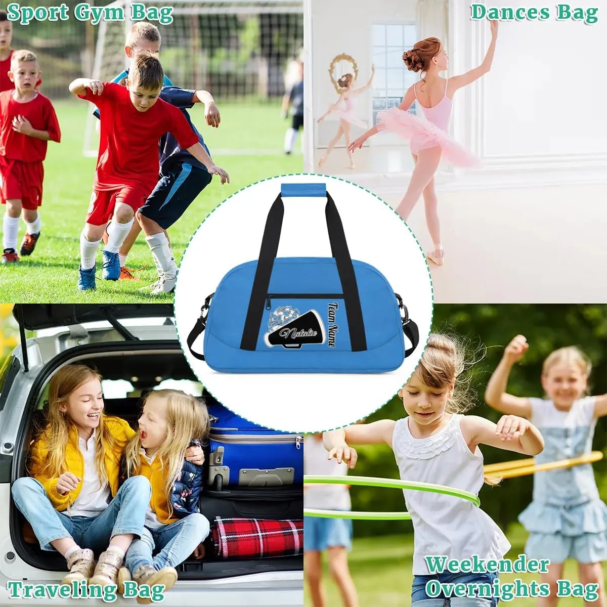 Custom Cheer Duffel Bags, Personalized Cheerleader Sport Bag with Name, Customized Gymnastics Dance Travel Bag Overnight Weekender Bags, Blue