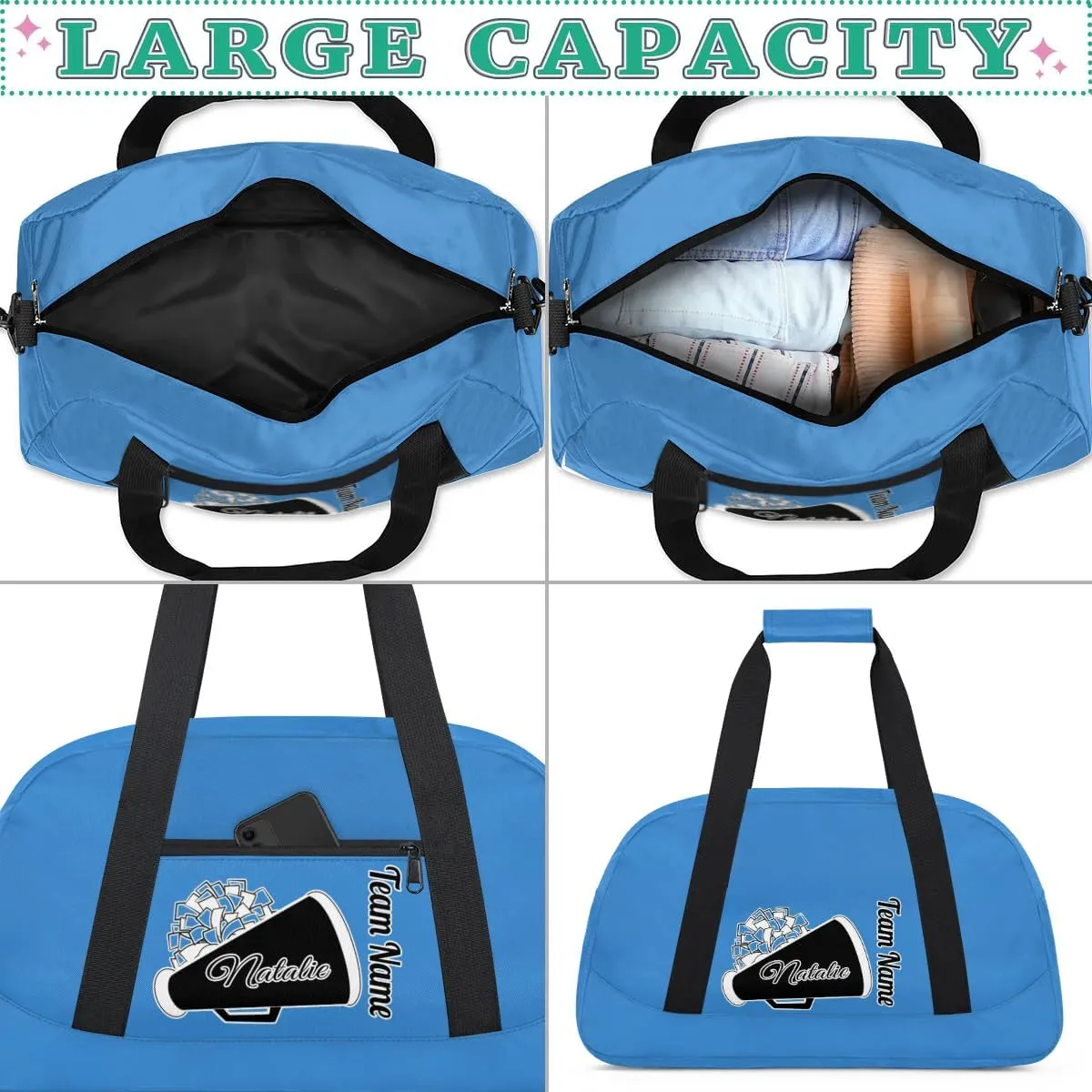Custom Cheer Duffel Bags, Personalized Cheerleader Sport Bag with Name, Customized Gymnastics Dance Travel Bag Overnight Weekender Bags, Blue