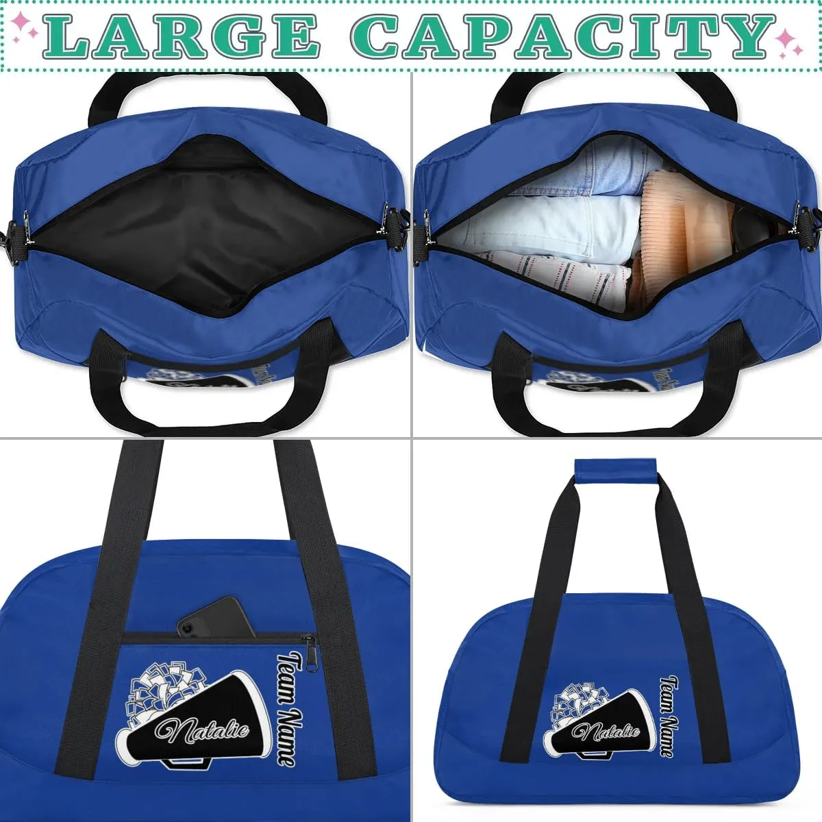 Custom Cheer Duffel Bags, Personalized Cheerleader Sport Bag with Name, Customized Gymnastics Dance Travel Bag Overnight Weekender Bags, Cobalt Blue