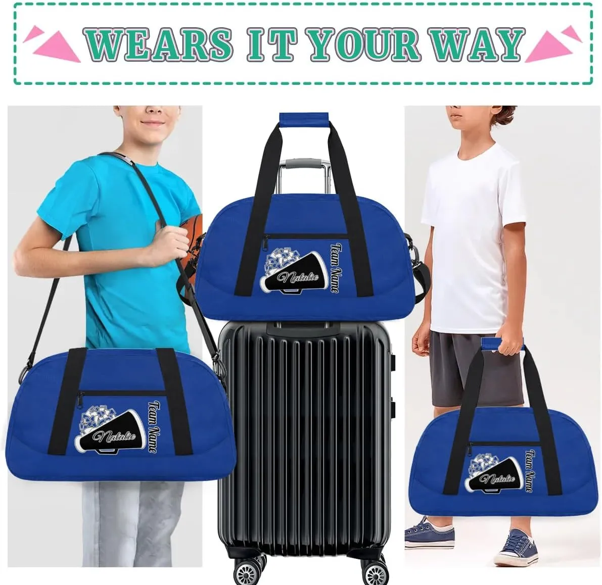 Custom Cheer Duffel Bags, Personalized Cheerleader Sport Bag with Name, Customized Gymnastics Dance Travel Bag Overnight Weekender Bags, Cobalt Blue