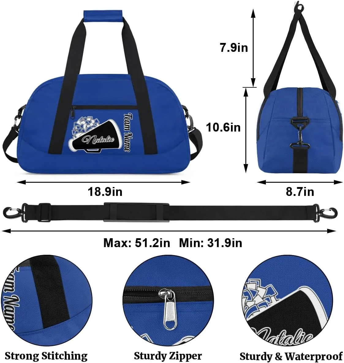 Custom Cheer Duffel Bags, Personalized Cheerleader Sport Bag with Name, Customized Gymnastics Dance Travel Bag Overnight Weekender Bags, Cobalt Blue