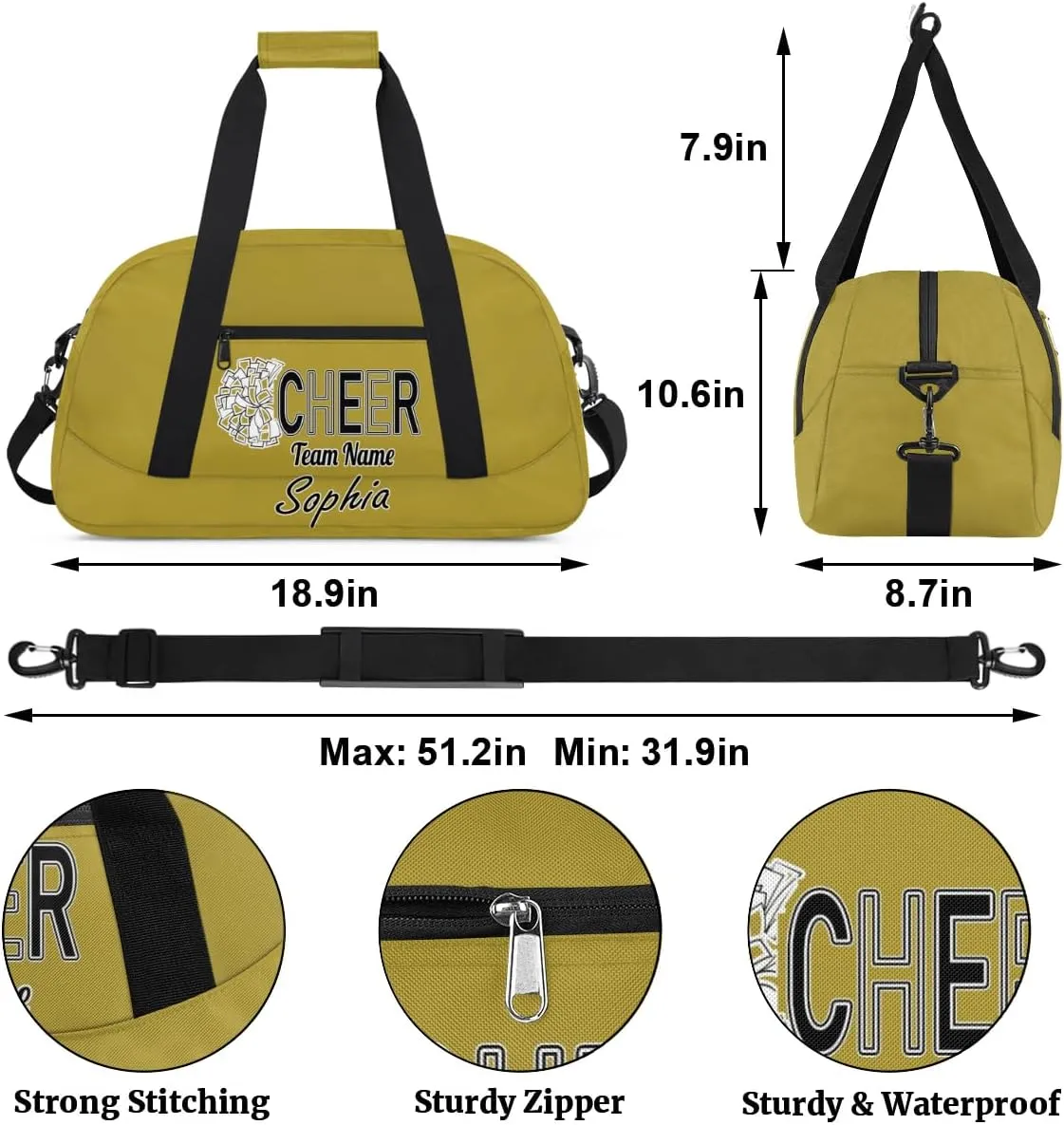 Custom Cheer Duffel Bags, Personalized Dance Sport Bag with Name, Customized Gymnastics Cheerleader Travel Bag Overnight Weekender Bags, Brown Gifts