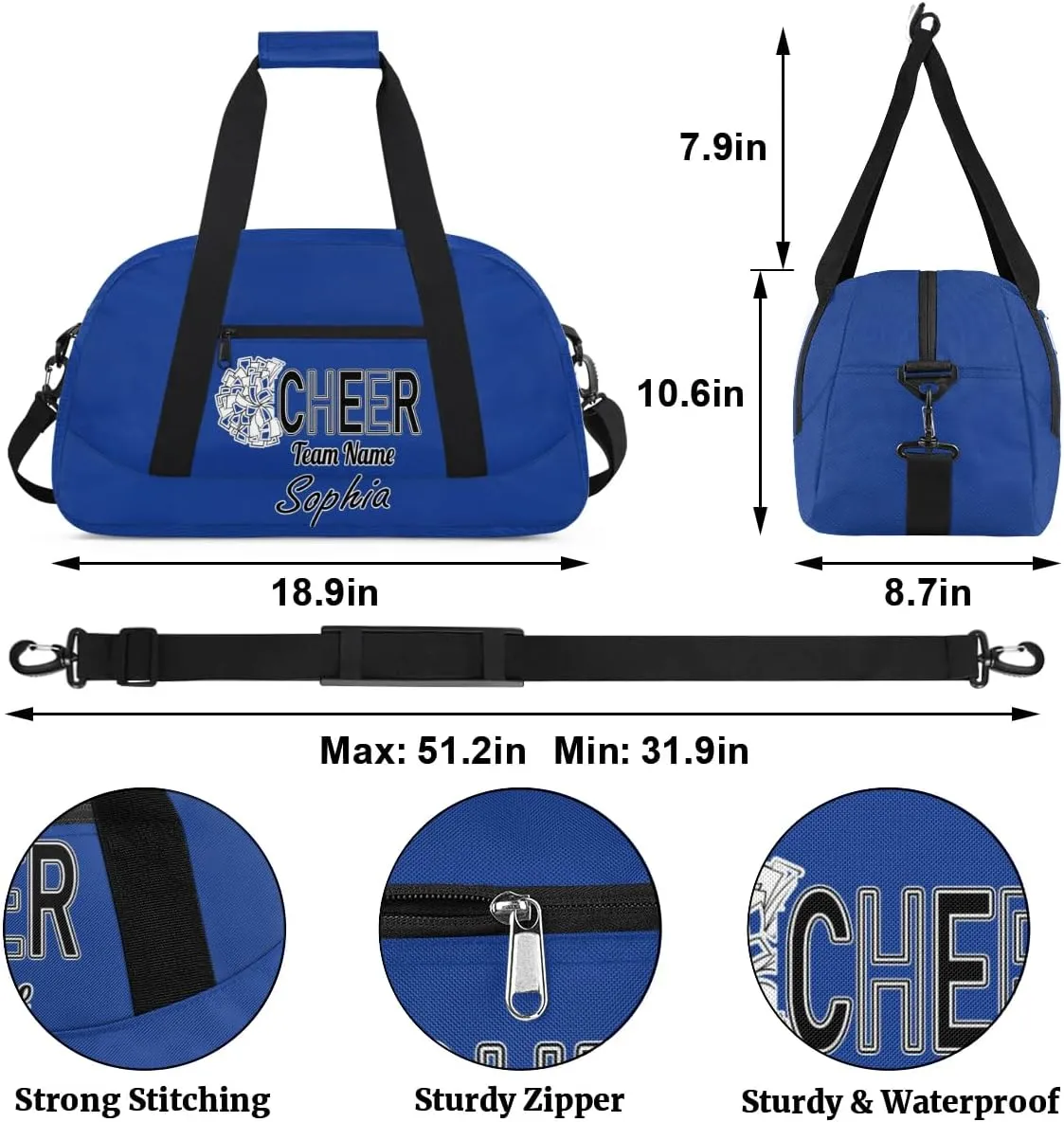 Custom Cheer Duffel Bags, Personalized Dance Sport Bag with Name, Customized Gymnastics Cheerleader Travel Bag Overnight Weekender Bags, Cobalt Blue Gifts