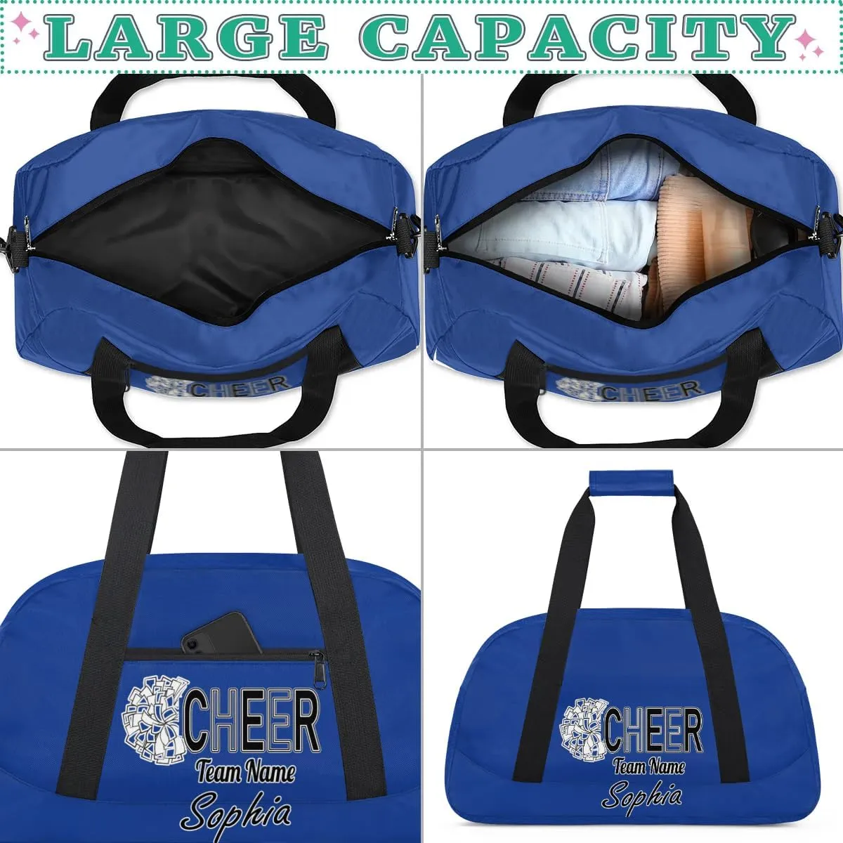 Custom Cheer Duffel Bags, Personalized Dance Sport Bag with Name, Customized Gymnastics Cheerleader Travel Bag Overnight Weekender Bags, Cobalt Blue Gifts