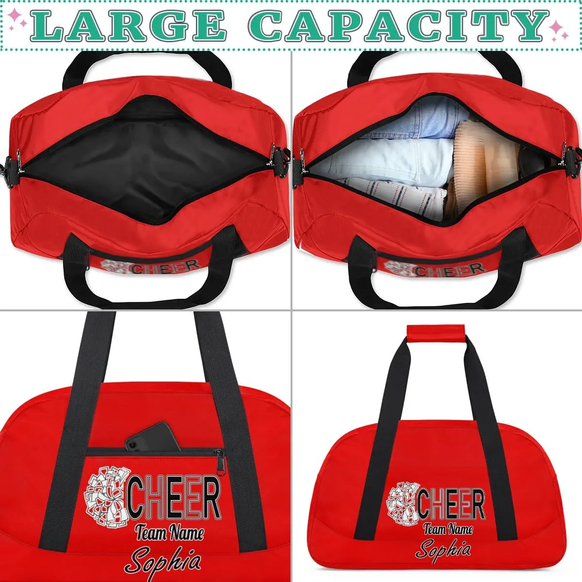 Custom Cheer Duffel Bags, Personalized Dance Sport Bag with Name, Customized Gymnastics Cheerleader Travel Bag Overnight Weekender Bags, Coral Red A Gifts