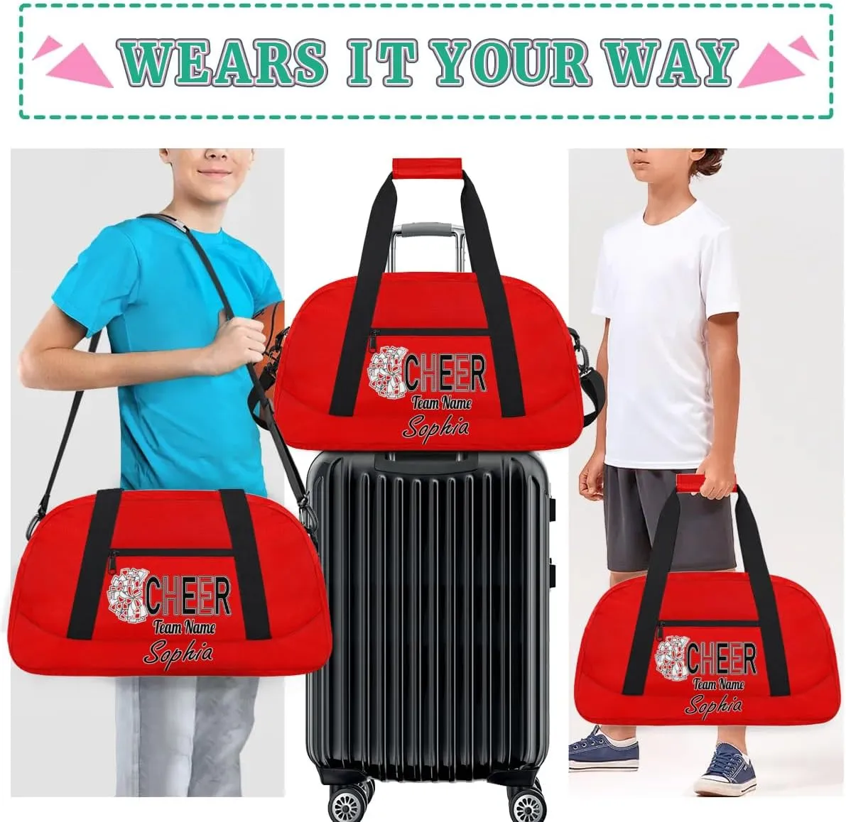 Custom Cheer Duffel Bags, Personalized Dance Sport Bag with Name, Customized Gymnastics Cheerleader Travel Bag Overnight Weekender Bags, Coral Red A Gifts