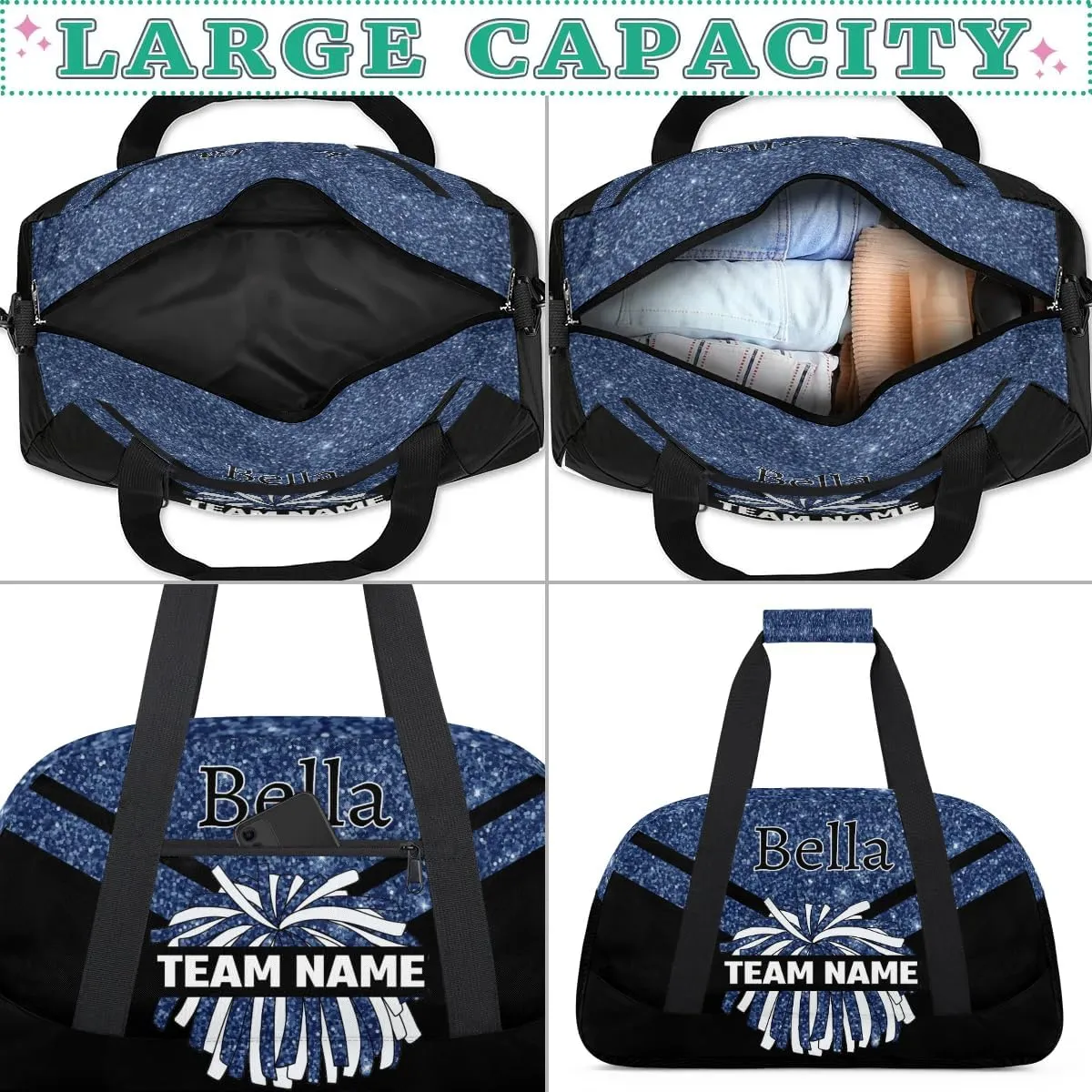 Custom Cheer Sport Bag Gym Duffel Bags Personalized Cheerleadr Bag with Team Name, Customize Travel Duffle Bags, Overnight Weekender Bag Cheerleading Gifts, Dark Blue