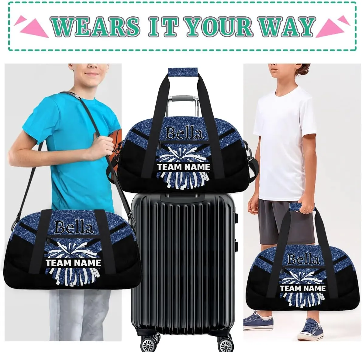 Custom Cheer Sport Bag Gym Duffel Bags Personalized Cheerleadr Bag with Team Name, Customize Travel Duffle Bags, Overnight Weekender Bag Cheerleading Gifts, Dark Blue