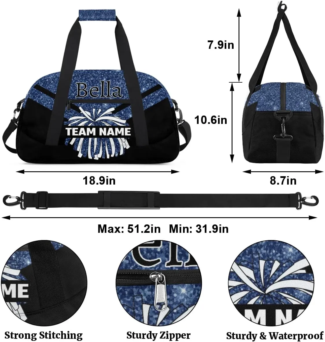 Custom Cheer Sport Bag Gym Duffel Bags Personalized Cheerleadr Bag with Team Name, Customize Travel Duffle Bags, Overnight Weekender Bag Cheerleading Gifts, Dark Blue