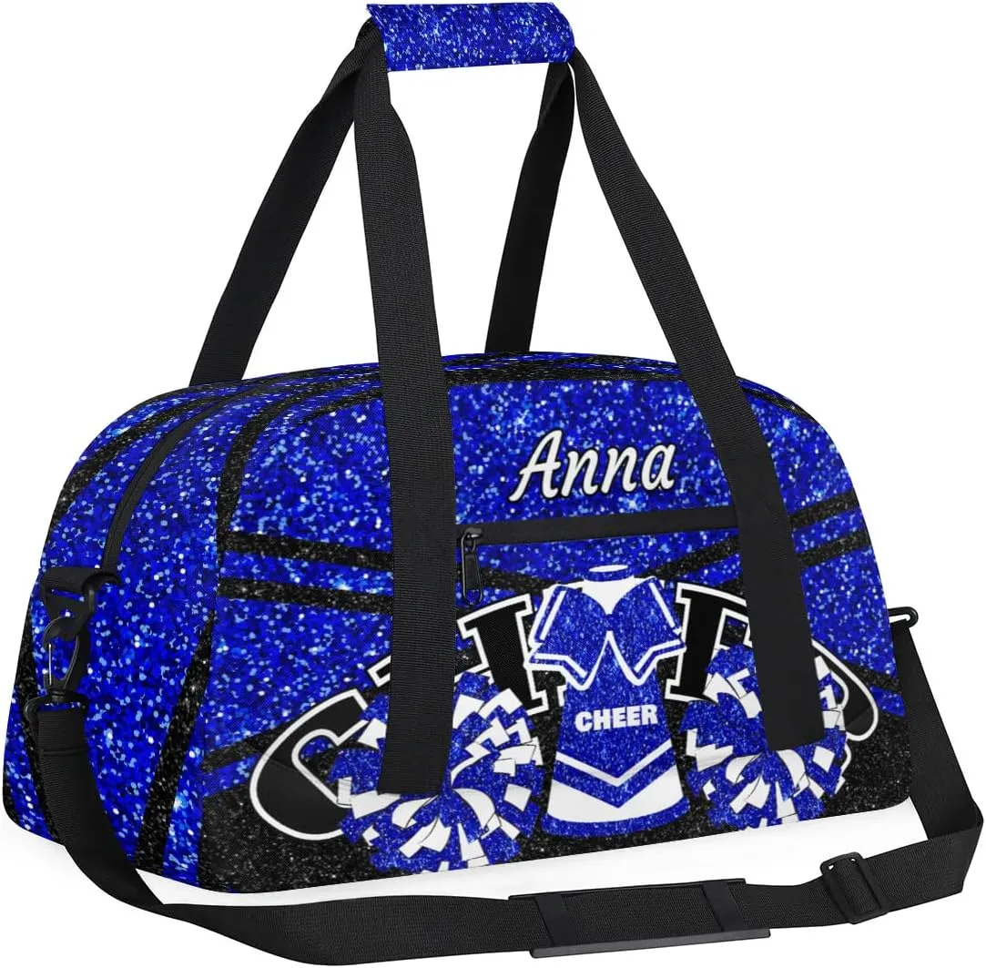 Custom Cheer Sport Gym Bags, Personalized Name Overnight Duffel Bags for Boys Girls Weekender Bag Dance Travel Tote Bags, Glitter Blue